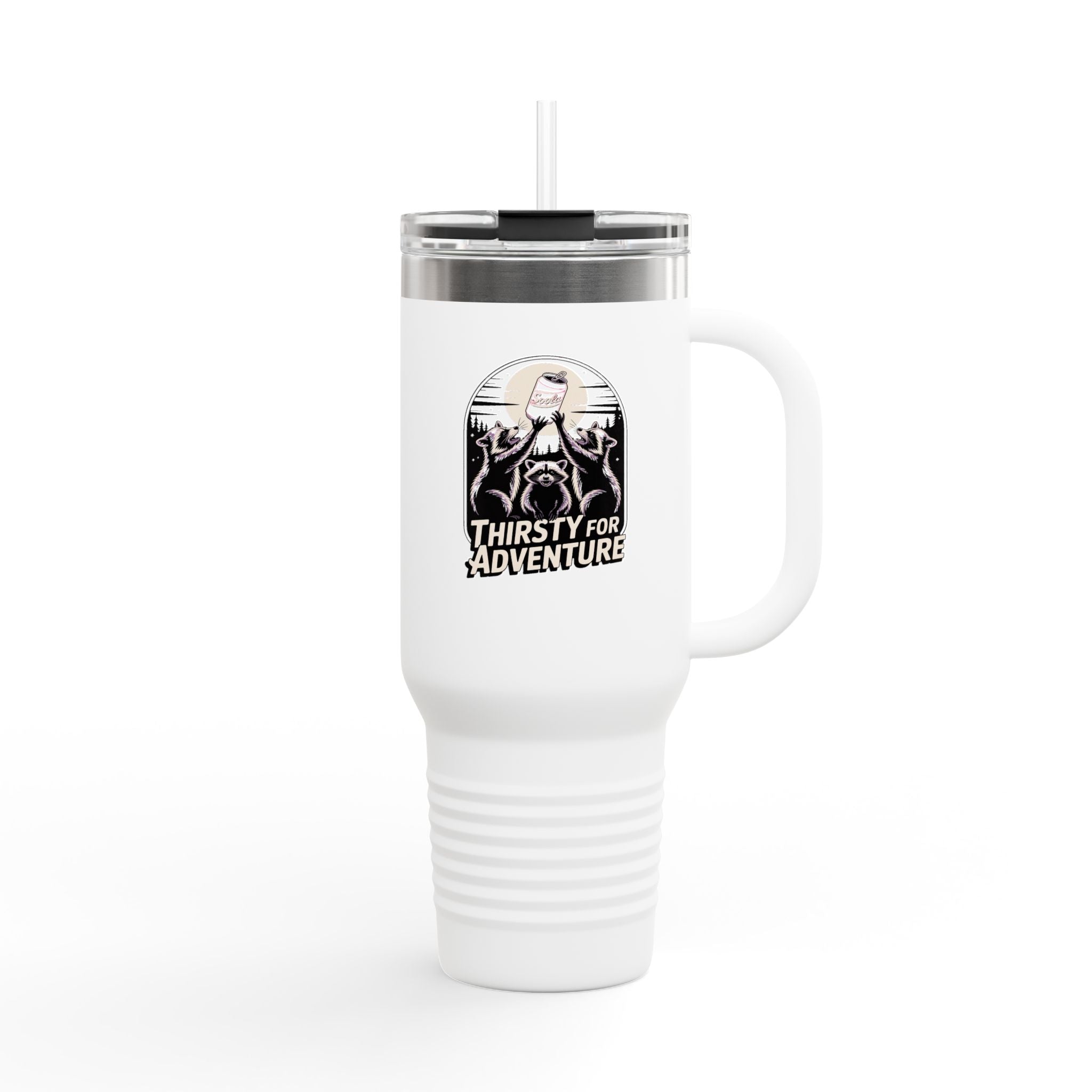 Thirsty For Adventure Raccoons Tumbler, Funny Raccoon 40oz Travel Mug, Vintage Poster Style Insulated Cup, Camping Gift Idea