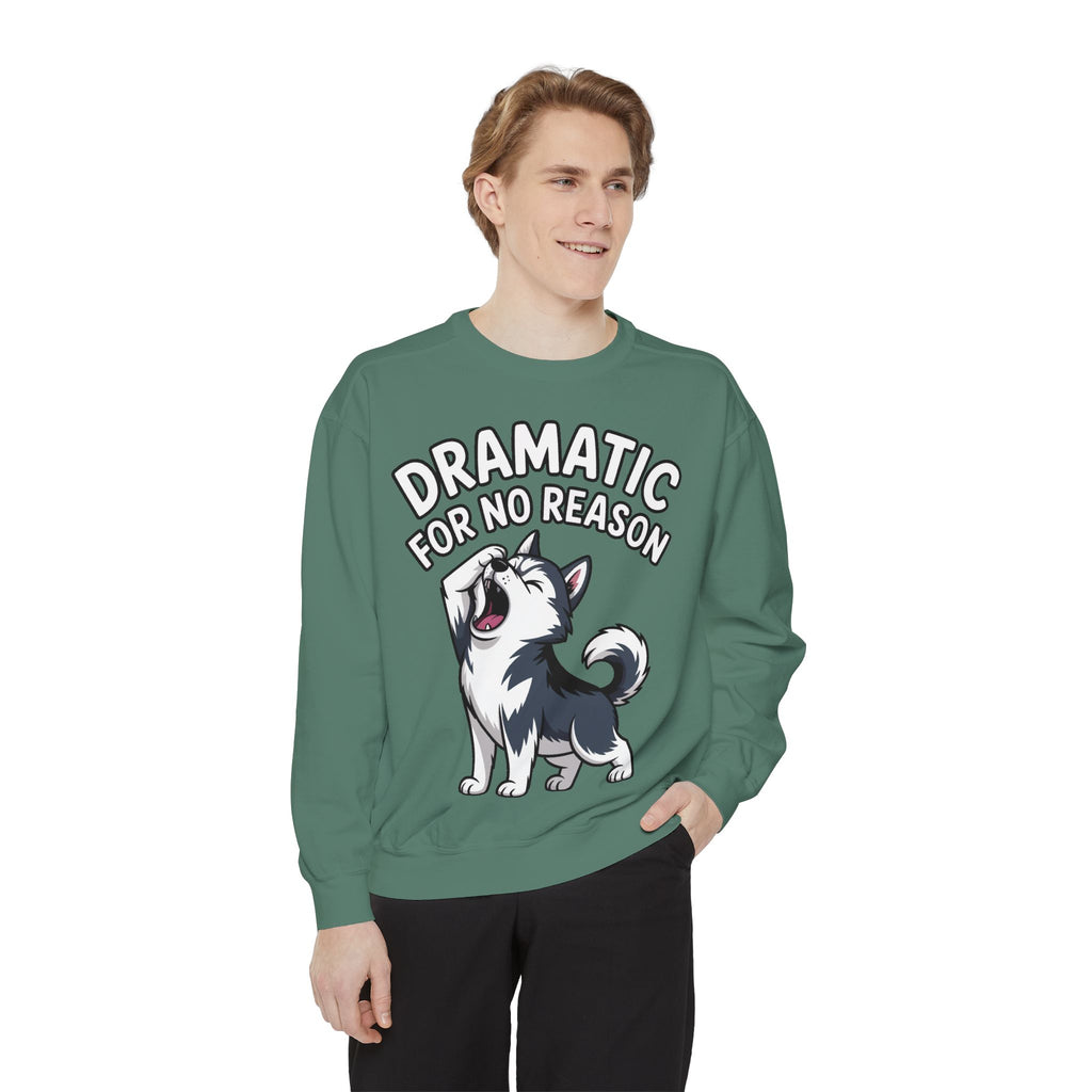 Dramatic Husky Sweatshirt, Funny Dog Lover Crewneck, Cute Cartoon Husky Embroidered Patch Style Sweatshirt, Gift for Husky Mom