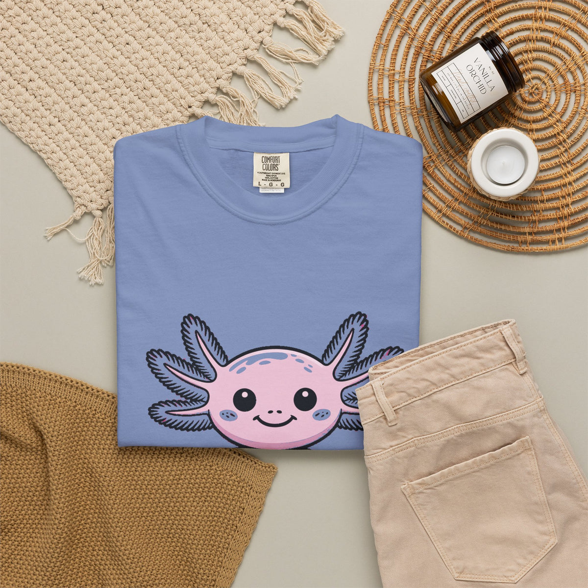 Cute Axolotl Shirt, Smiling Axolotl T-Shirt, Kawaii Axolotl Lover Gift, Garment Dyed Unisex Tee