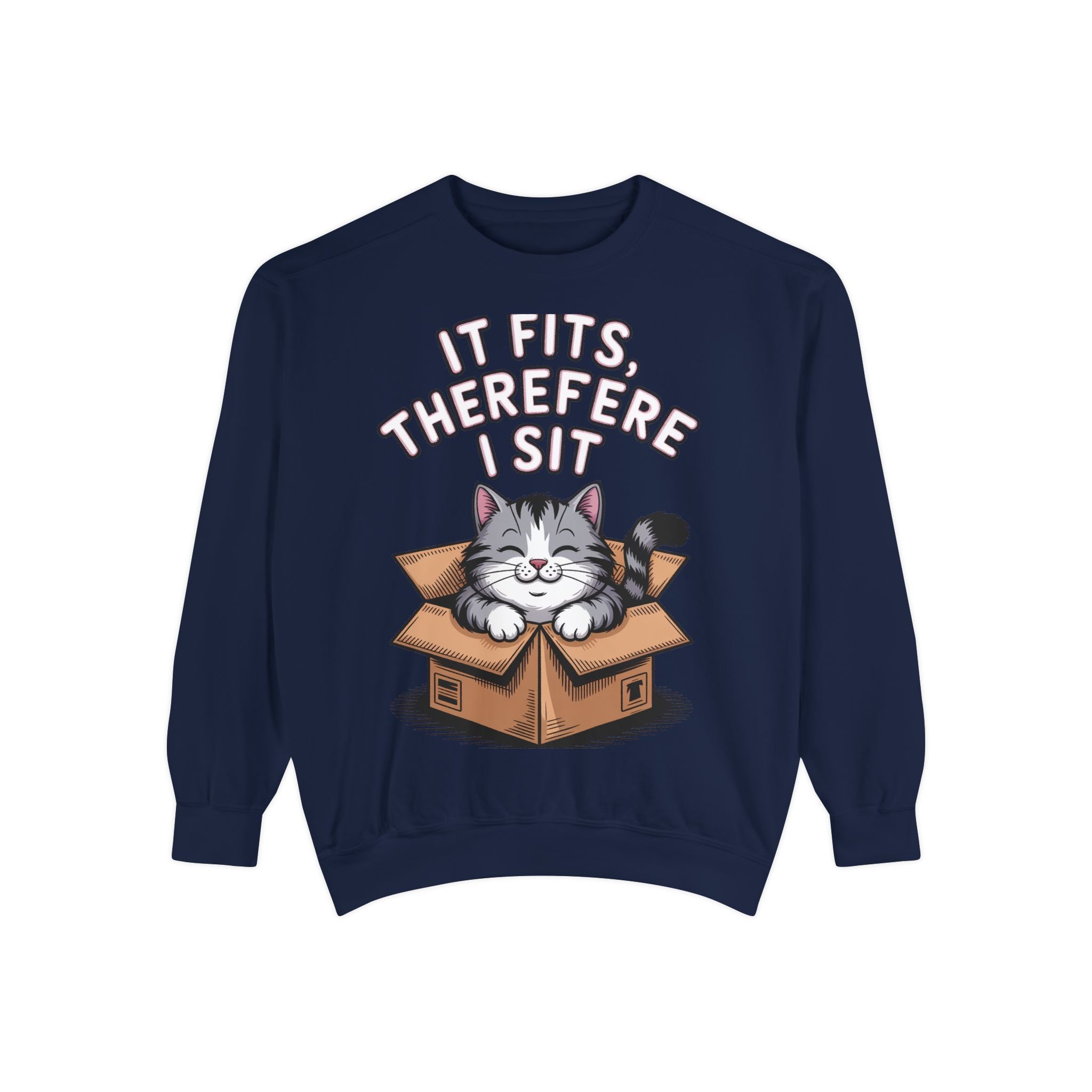 Funny Cat Sweatshirt, It Fits Therefore I Sit Crewneck, Cat In Box Embroidered Sweatshirt, Cat Lover Gift, Funny Cat Lover Sweater