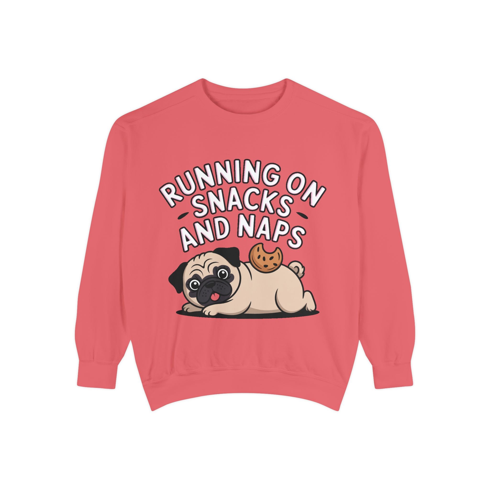 Pug Sweatshirt, Funny Running On Snacks And Naps Crewneck, Cute Pug Lover Gift, Embroidered Patch Style Dog Sweater