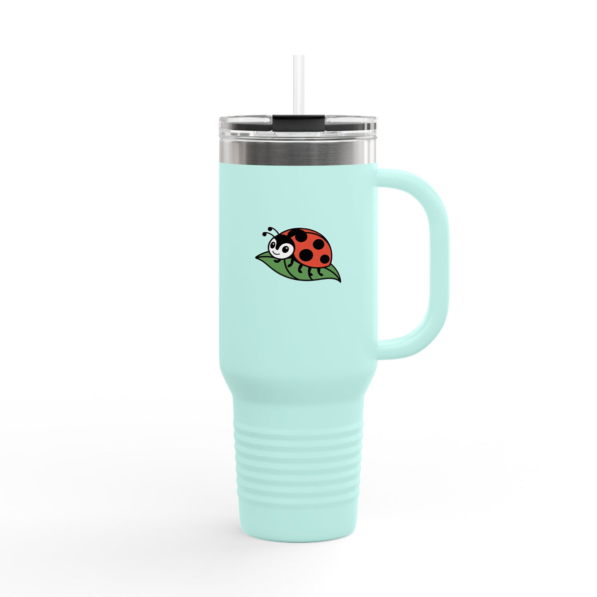 Cute Ladybug Travel Mug, 40oz Tumbler with Handle and Straw, Ladybug On A Leaf Insulated Cup, Nature Lover Gift