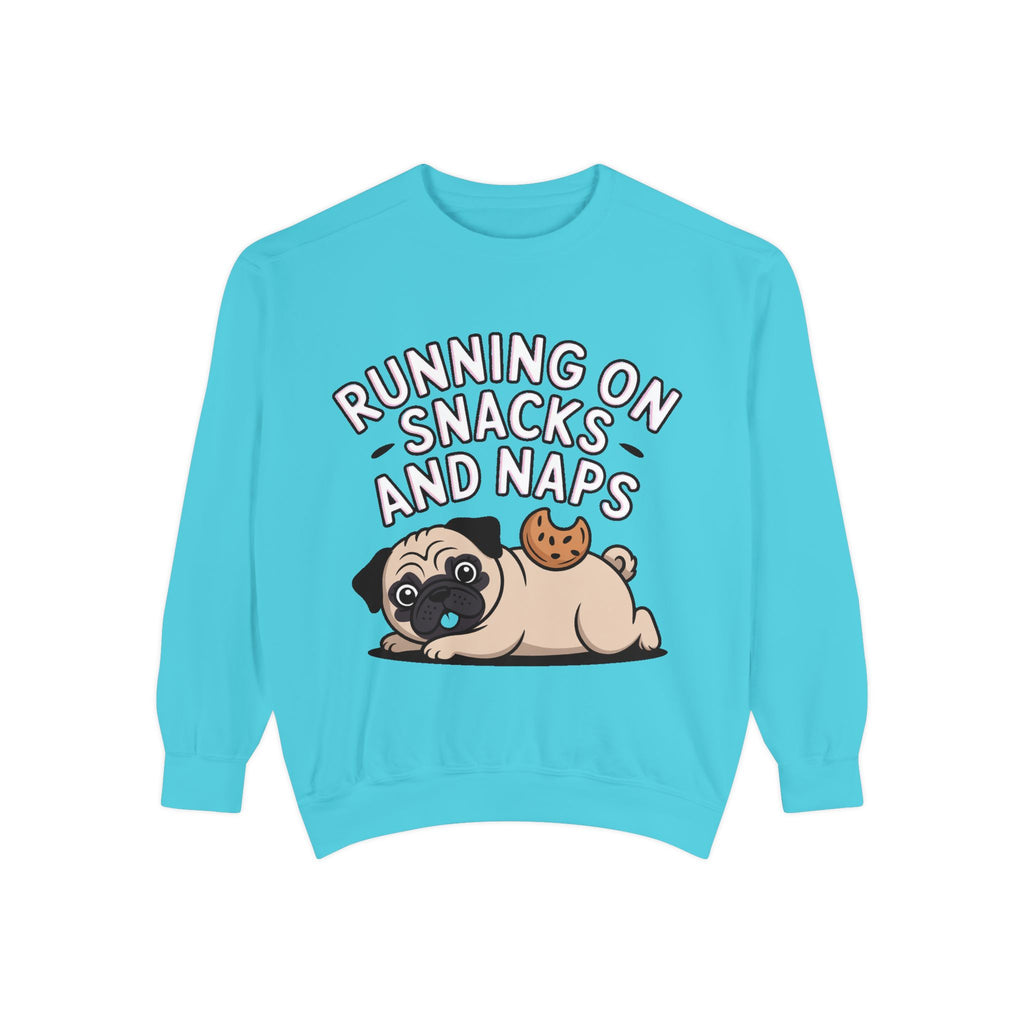 Pug Sweatshirt, Funny Running On Snacks And Naps Crewneck, Cute Pug Lover Gift, Embroidered Patch Style Dog Sweater
