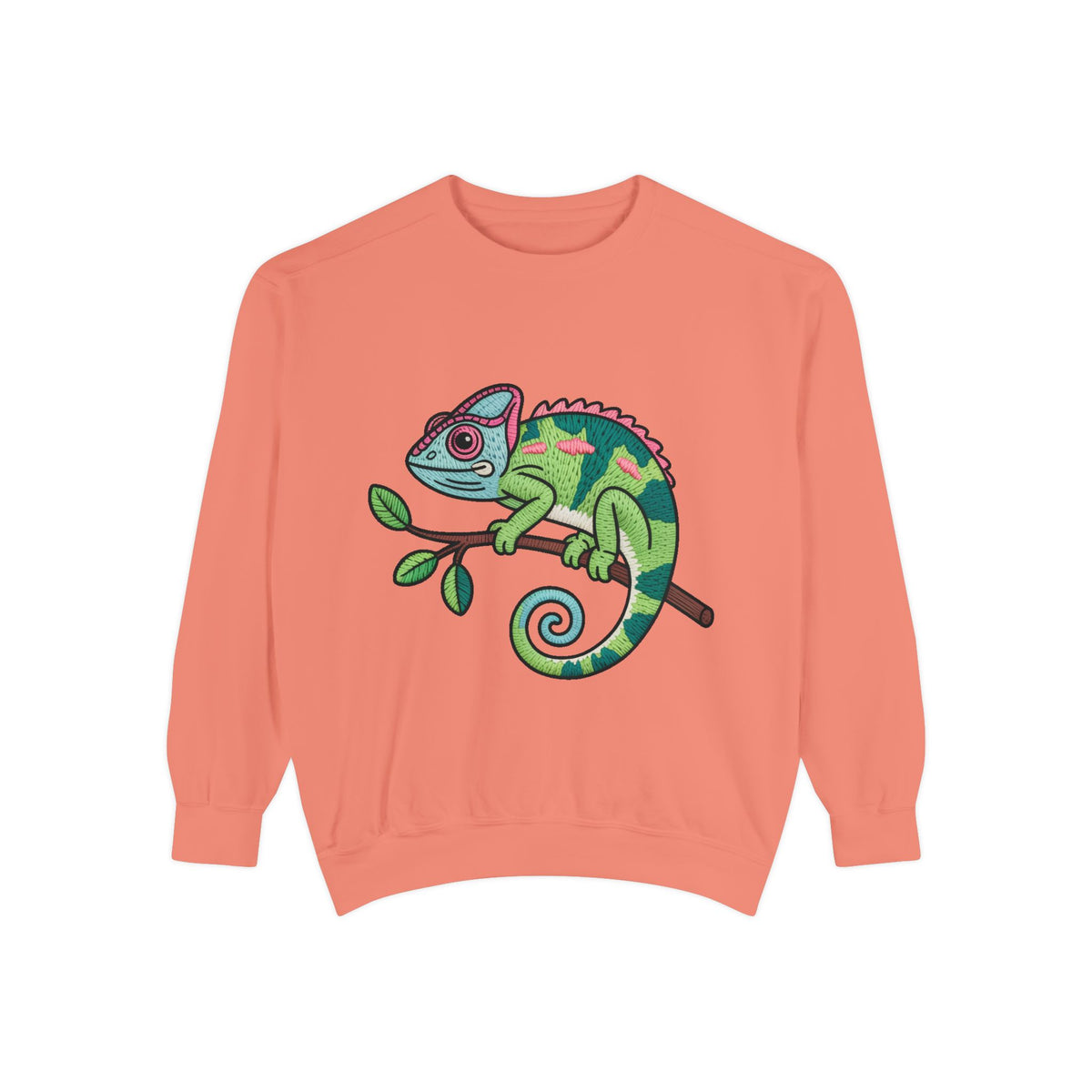 Chameleon Sweatshirt, Cute Embroidered Patch Style Crewneck, Reptile Lover Gift, Garment Dyed Sweatshirt for Nature Lovers
