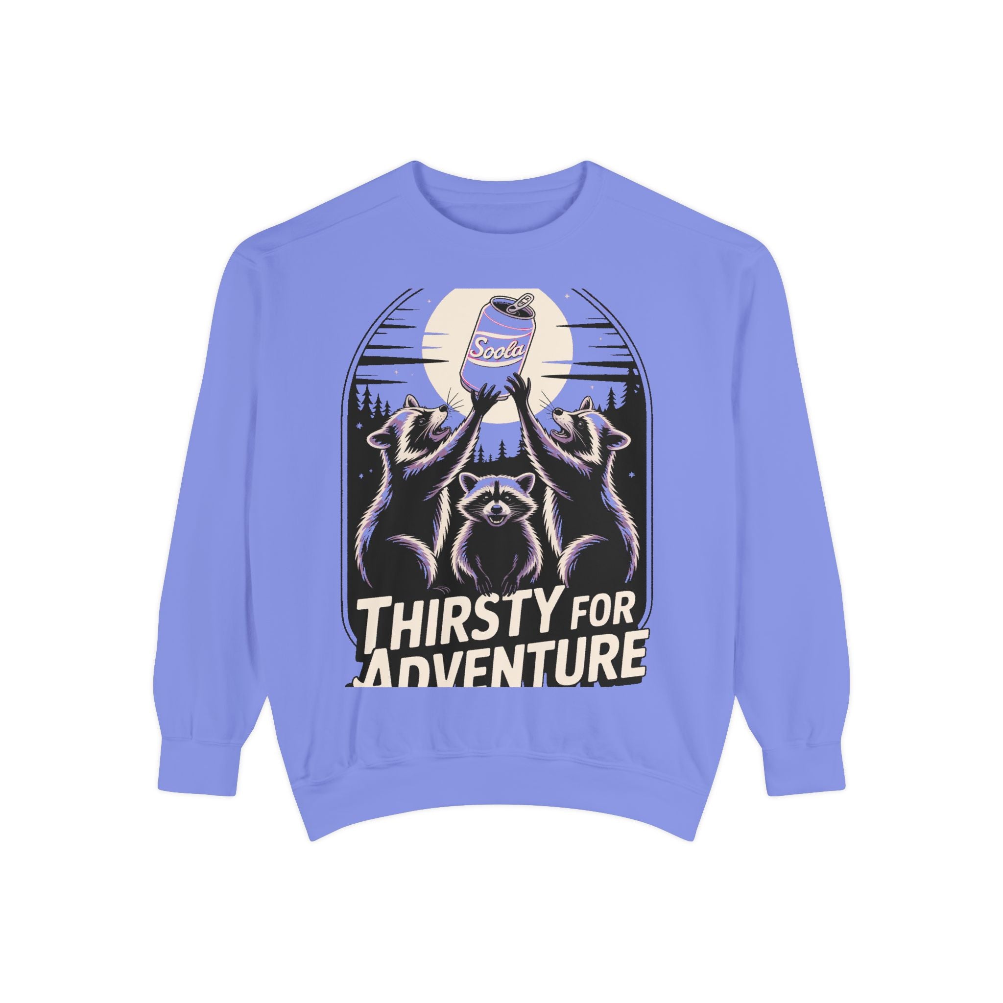 Thirsty For Adventure Raccoons Sweatshirt, Funny Vintage Poster Crewneck, Retro Raccoon Graphic Sweatshirt Gift