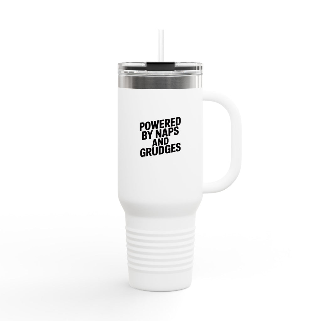 Powered By Naps And Grudges Tumbler, Funny Sarcastic Travel Mug, 40oz Insulated Cup With Handle And Straw, Snarky Gift