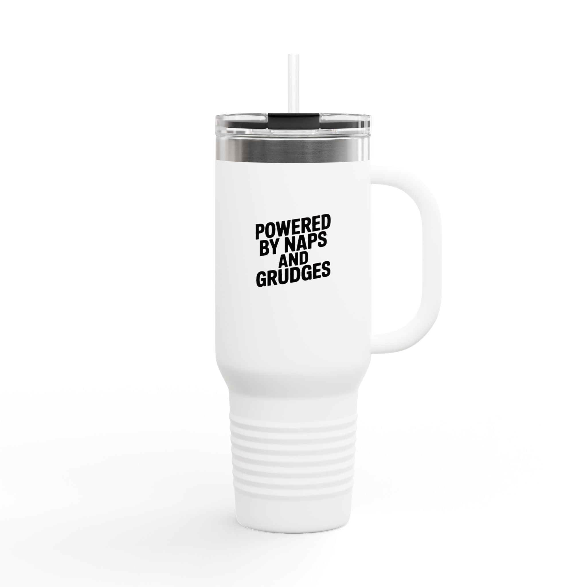 Powered By Naps And Grudges Tumbler, Funny Sarcastic Travel Mug, 40oz Insulated Cup With Handle And Straw, Snarky Gift
