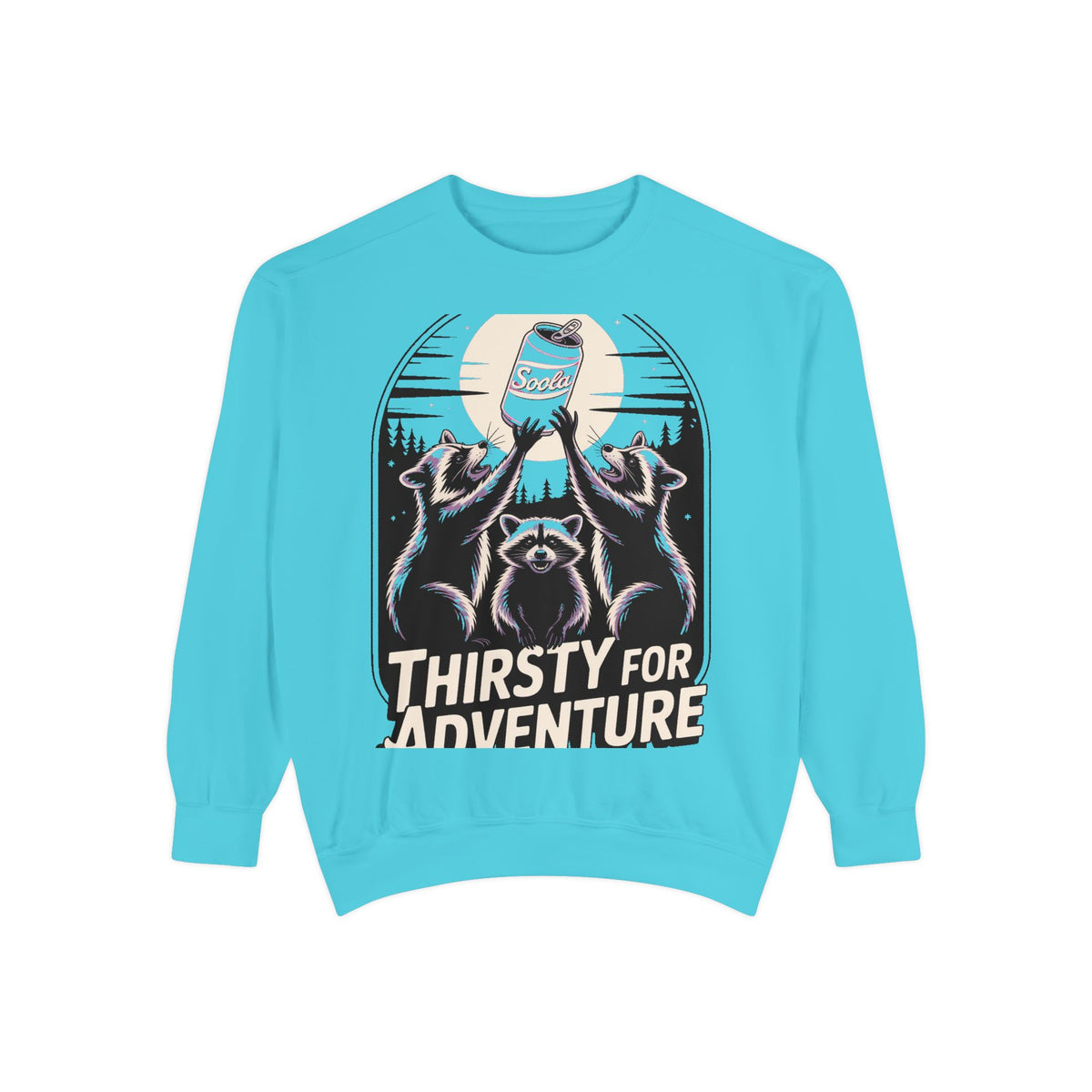 Thirsty For Adventure Raccoons Sweatshirt, Funny Vintage Poster Crewneck, Retro Raccoon Graphic Sweatshirt Gift