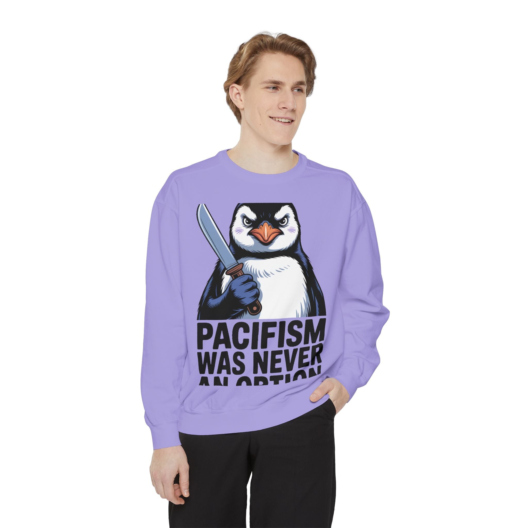 Pacifism Was Never An Option Penguin Sweatshirt, Funny Butter Knife Penguin Crewneck, Vintage Poster Style Graphic Sweatshirt Gift