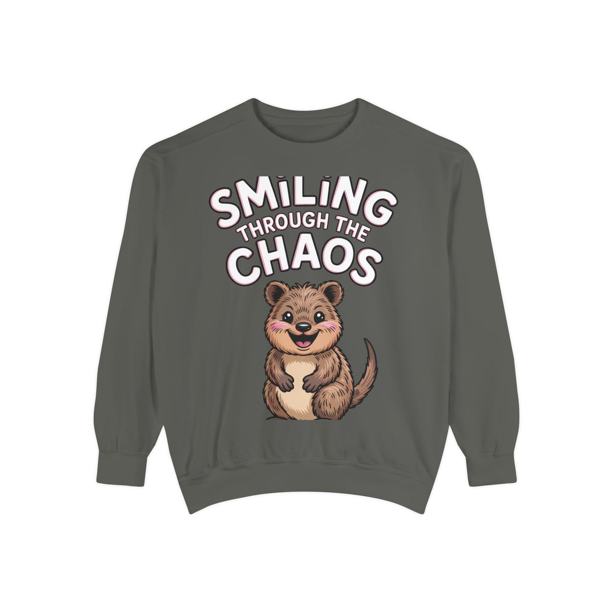 Smiling Through The Chaos Quokka Sweatshirt, Cute Embroidered-Look Crewneck, Funny Quokka Lover Gift, Positive Vibes Pullover