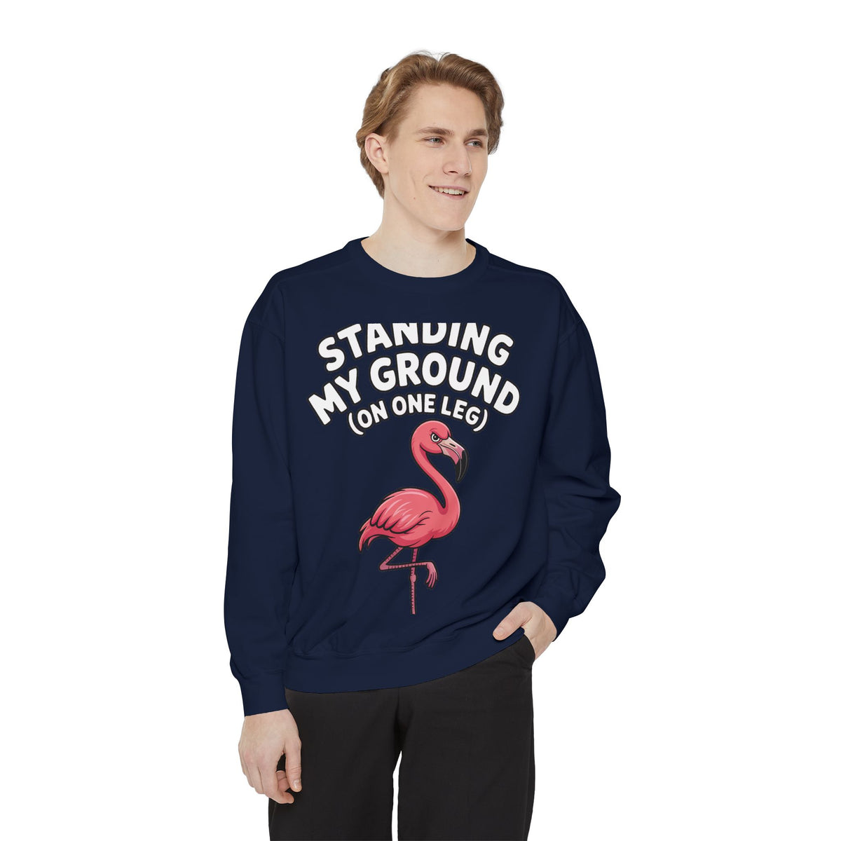 Standing My Ground Flamingo Sweatshirt, Funny One Leg Flamingo Crewneck, Sassy Bird Lover Gift, Embroidered Patch Style Sweatshirt