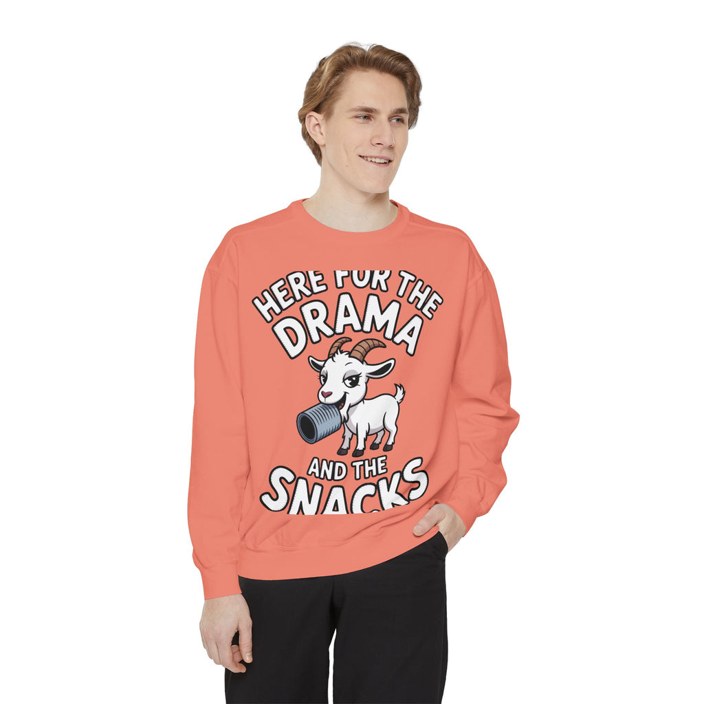 Funny Goat Sweatshirt, Here For The Drama And The Snacks Crewneck, Cute Goat Lover Gift, Embroidered Patch Style Sweatshirt