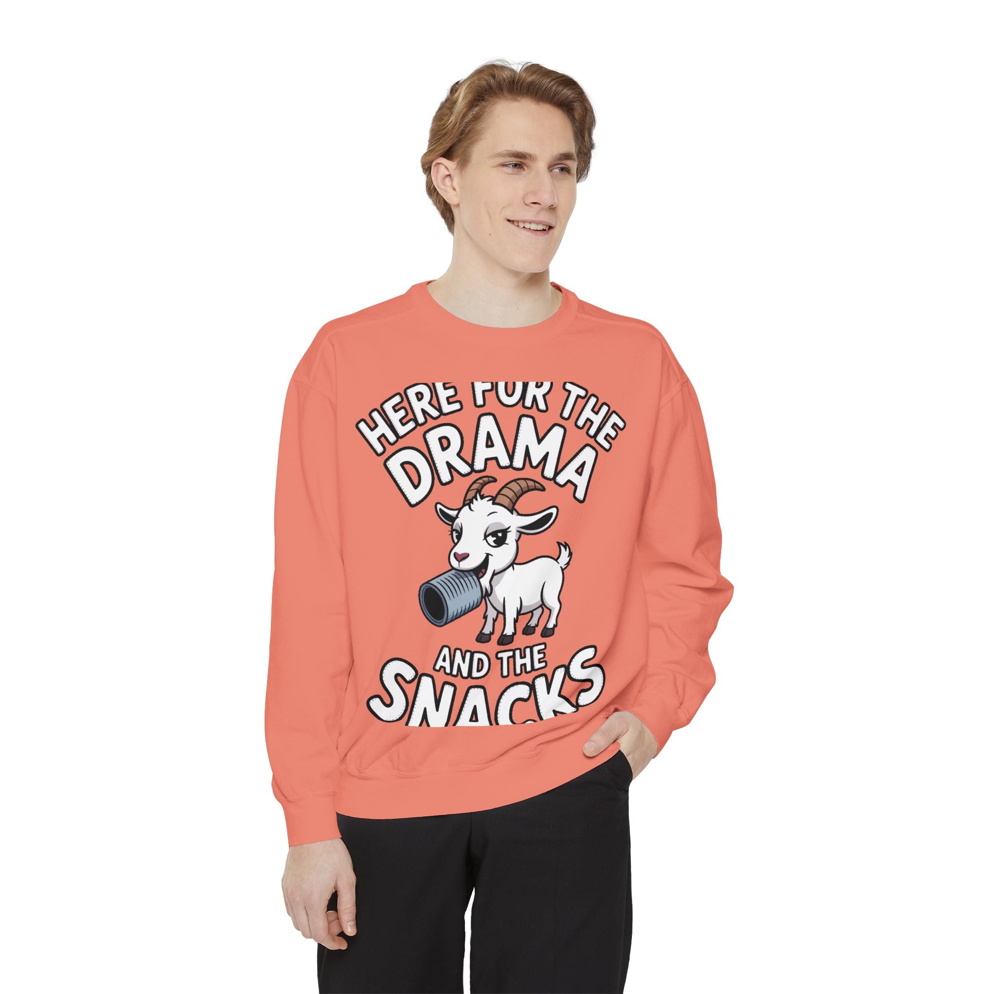 Funny Goat Sweatshirt, Here For The Drama And The Snacks Crewneck, Cute Goat Lover Gift, Embroidered Patch Style Sweatshirt