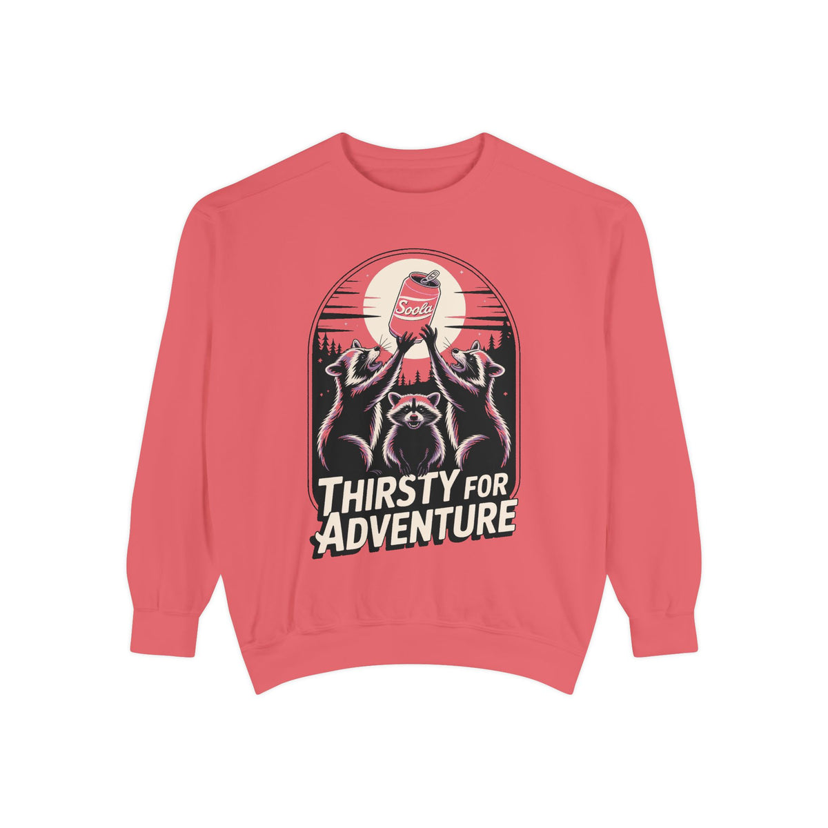 Thirsty For Adventure Raccoons Sweatshirt, Funny Vintage Poster Crewneck, Retro Raccoon Graphic Sweatshirt Gift