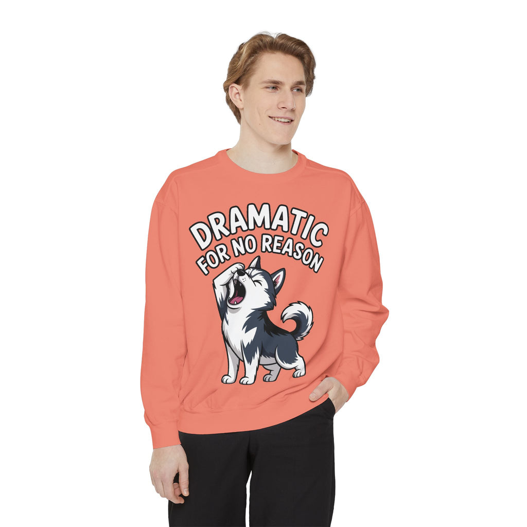 Dramatic Husky Sweatshirt, Funny Dog Lover Crewneck, Cute Cartoon Husky Embroidered Patch Style Sweatshirt, Gift for Husky Mom