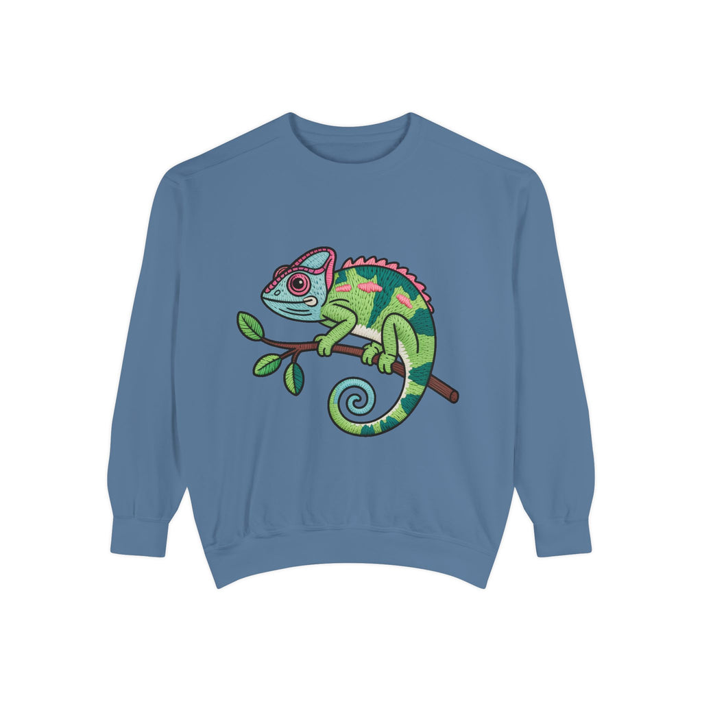 Chameleon Sweatshirt, Cute Embroidered Patch Style Crewneck, Reptile Lover Gift, Garment Dyed Sweatshirt for Nature Lovers