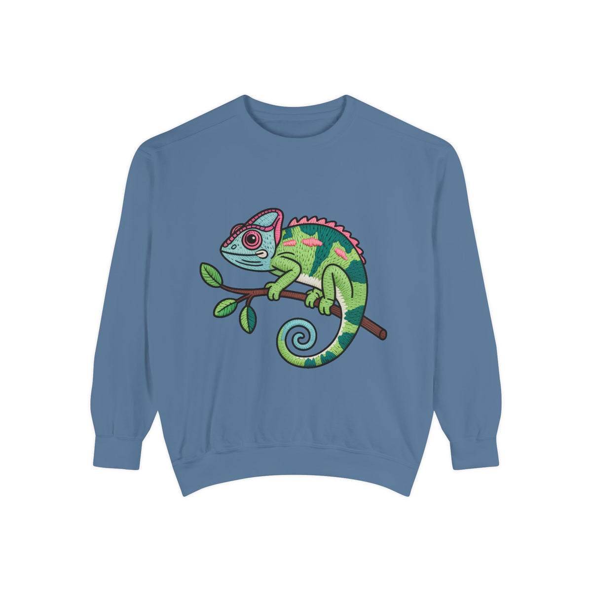 Chameleon Sweatshirt, Cute Embroidered Patch Style Crewneck, Reptile Lover Gift, Garment Dyed Sweatshirt for Nature Lovers