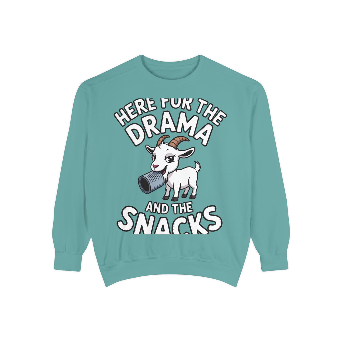 Funny Goat Sweatshirt, Here For The Drama And The Snacks Crewneck, Cute Goat Lover Gift, Embroidered Patch Style Sweatshirt