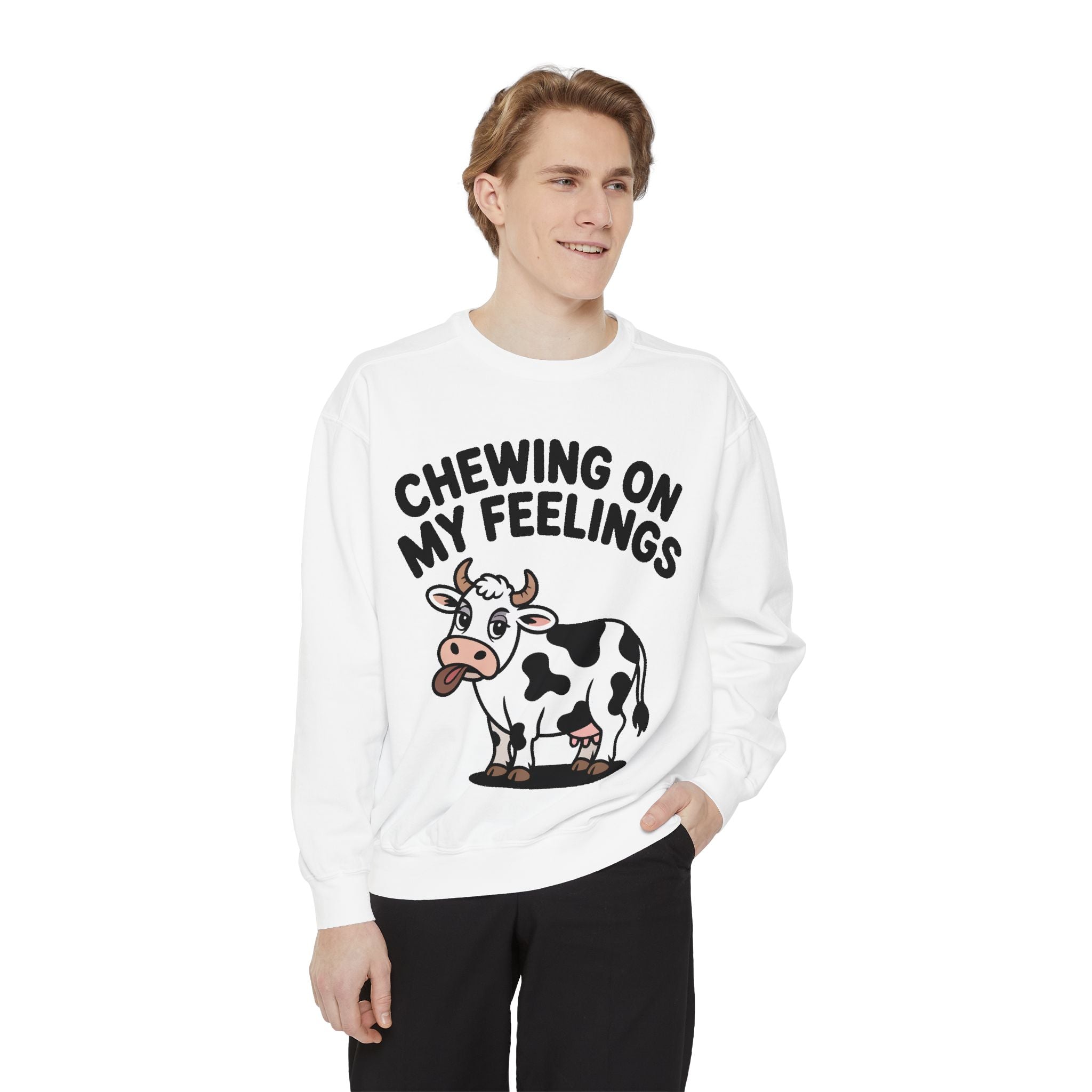Chewing On My Feelings Sweatshirt, Funny Cow Crewneck, Cute Cow Lover Gift, Embroidered Style Cow Sweatshirt, Funny Farm Animal Shirt
