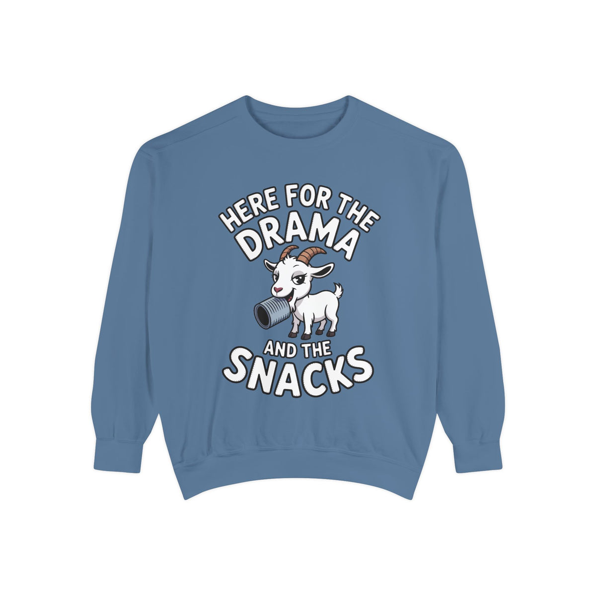 Funny Goat Sweatshirt, Here For The Drama And The Snacks Crewneck, Cute Goat Lover Gift, Embroidered Patch Style Sweatshirt