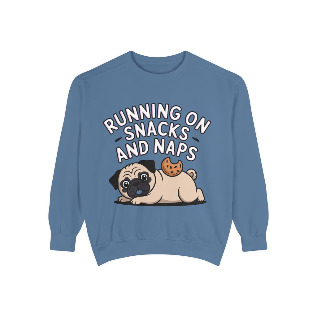Pug Sweatshirt, Funny Running On Snacks And Naps Crewneck, Cute Pug Lover Gift, Embroidered Patch Style Dog Sweater