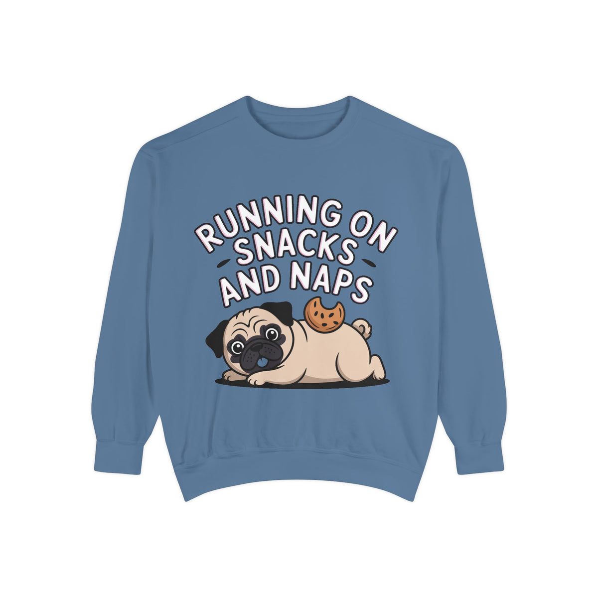 Pug Sweatshirt, Funny Running On Snacks And Naps Crewneck, Cute Pug Lover Gift, Embroidered Patch Style Dog Sweater