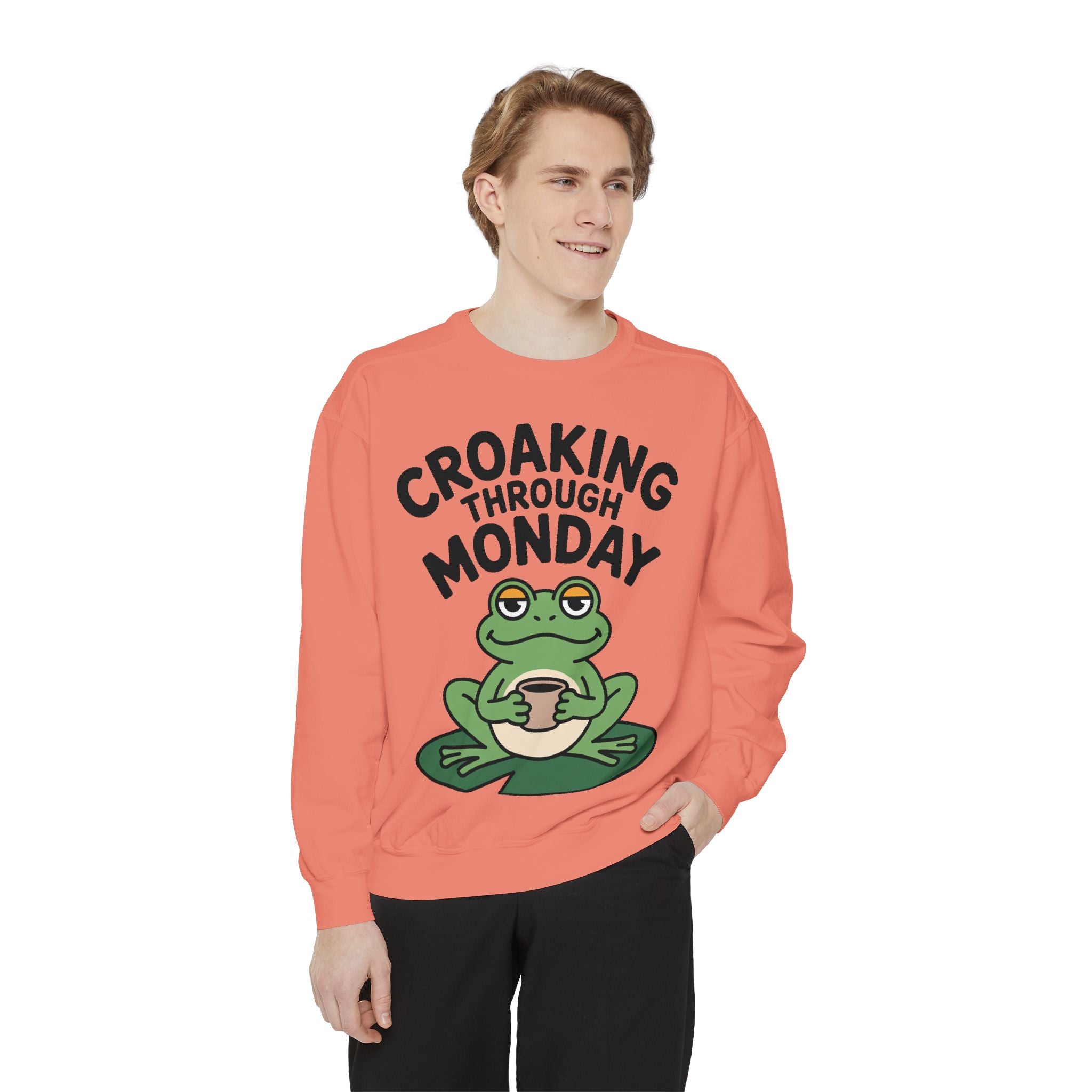 Croaking Through Monday Sweatshirt, Funny Tired Frog Crewneck, Cute Coffee Frog Sweatshirt, Frog Lover Gift