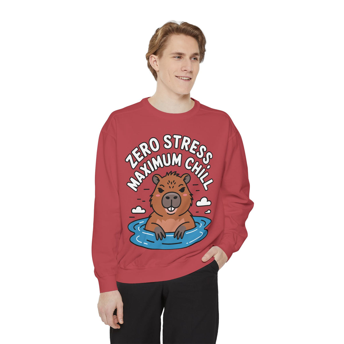 Zero Stress Capybara Sweatshirt, Funny Hot Spring Capybara Crewneck, Cute Chill Animal Gift, Garment Dyed Embroidered Sweatshirt