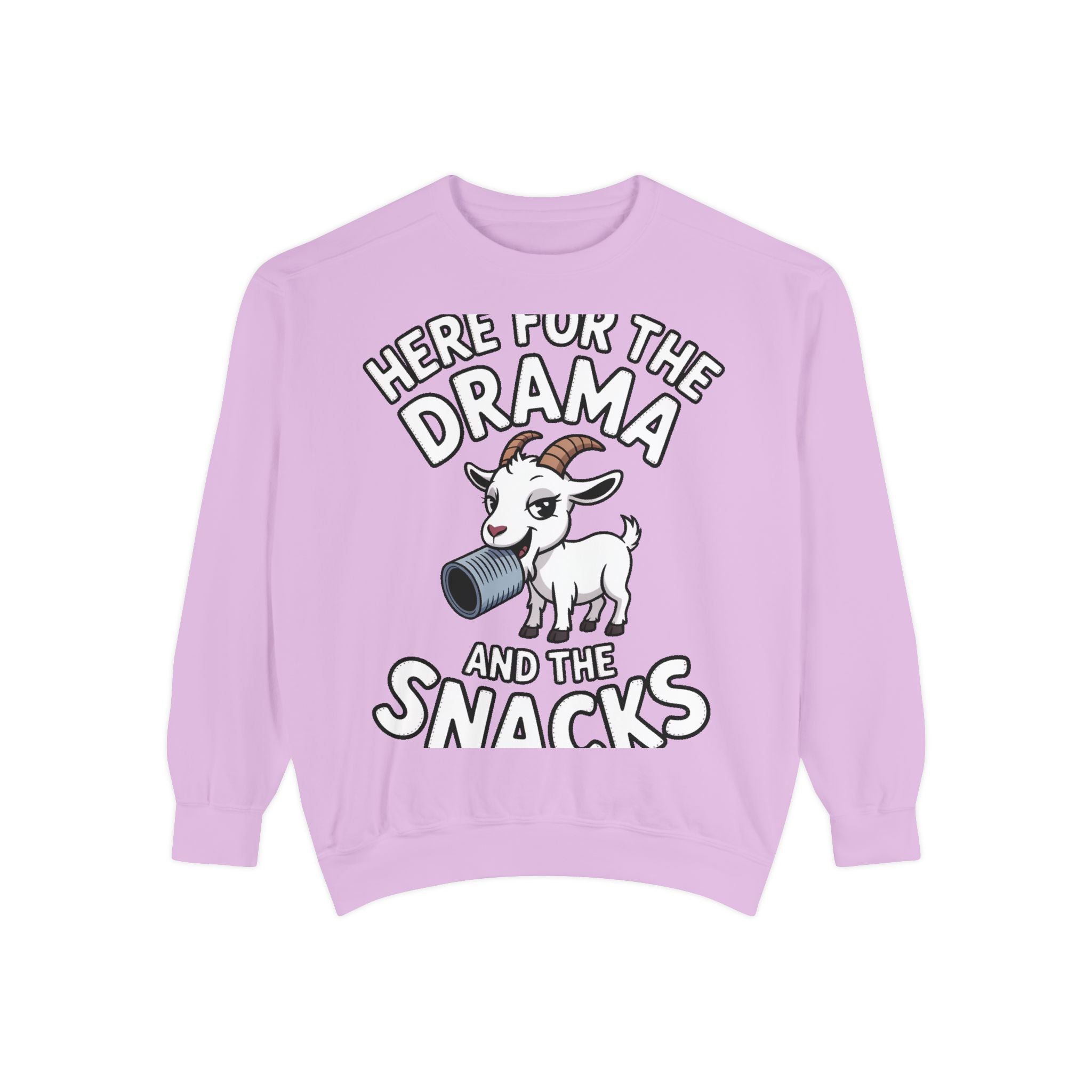 Funny Goat Sweatshirt, Here For The Drama And The Snacks Crewneck, Cute Goat Lover Gift, Embroidered Patch Style Sweatshirt