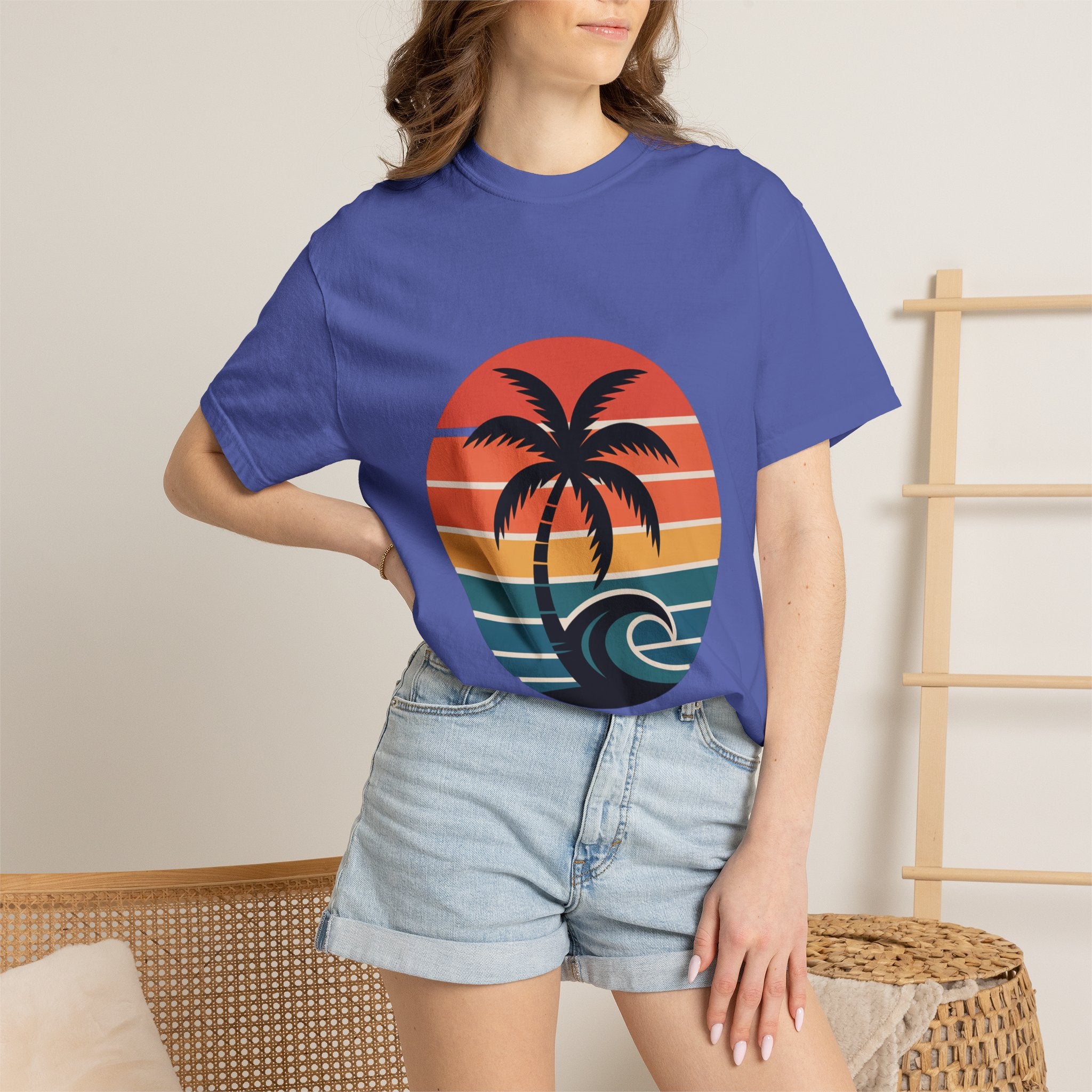 Salt Air Messy Hair Beach Shirt, Retro Sunset Badge T-Shirt, Vintage Palm Tree Wave Tee, Summer Vacation Gift