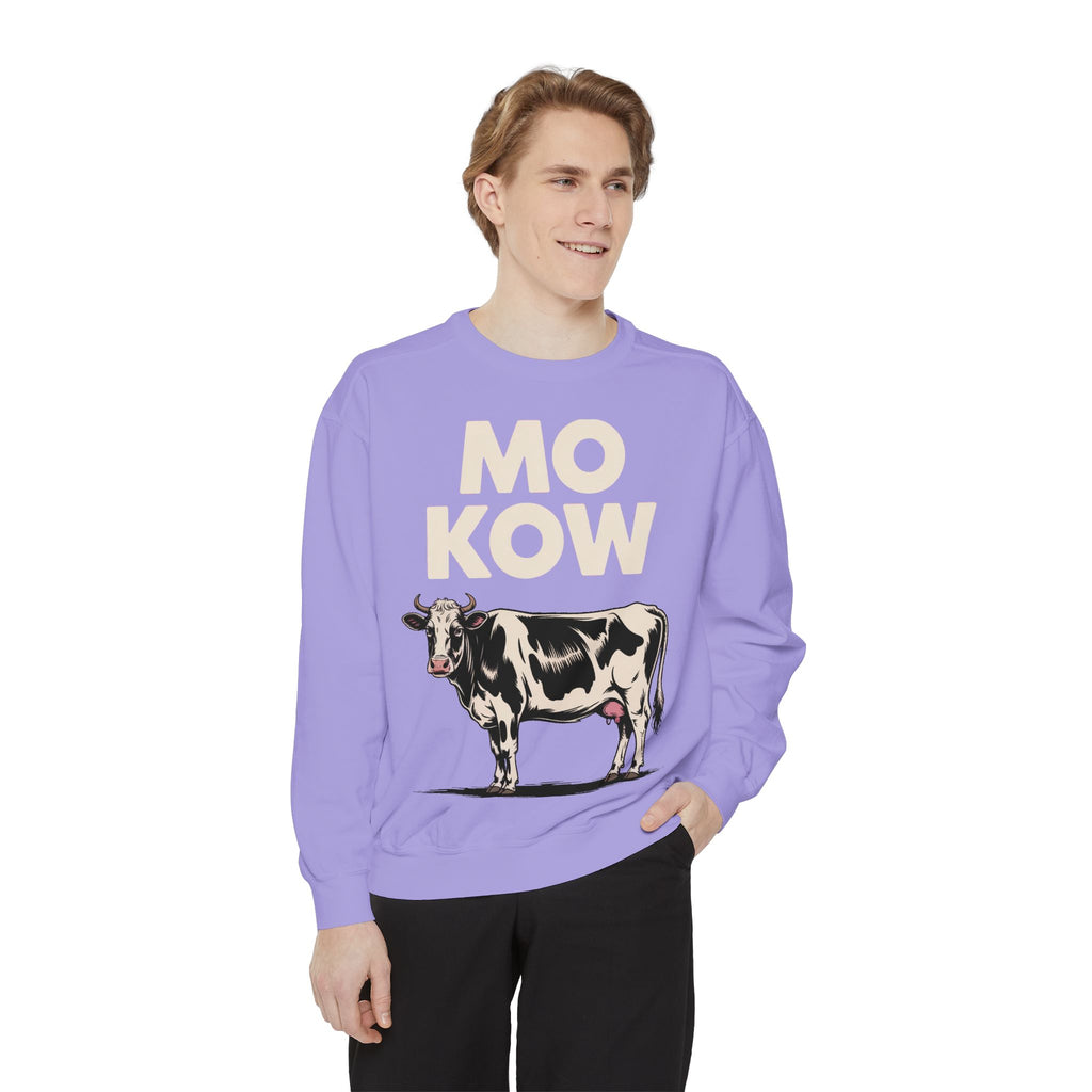Mo Kow Funny Cow Sweatshirt, Absurd Meme Crewneck, Deadpan Farm Animal Embroidered Sweatshirt, Funny Cow Lover Gift