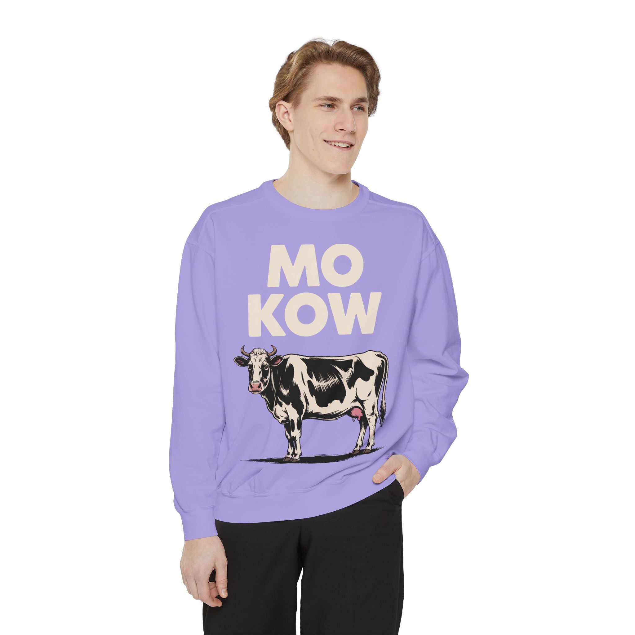 Mo Kow Funny Cow Sweatshirt, Absurd Meme Crewneck, Deadpan Farm Animal Embroidered Sweatshirt, Funny Cow Lover Gift