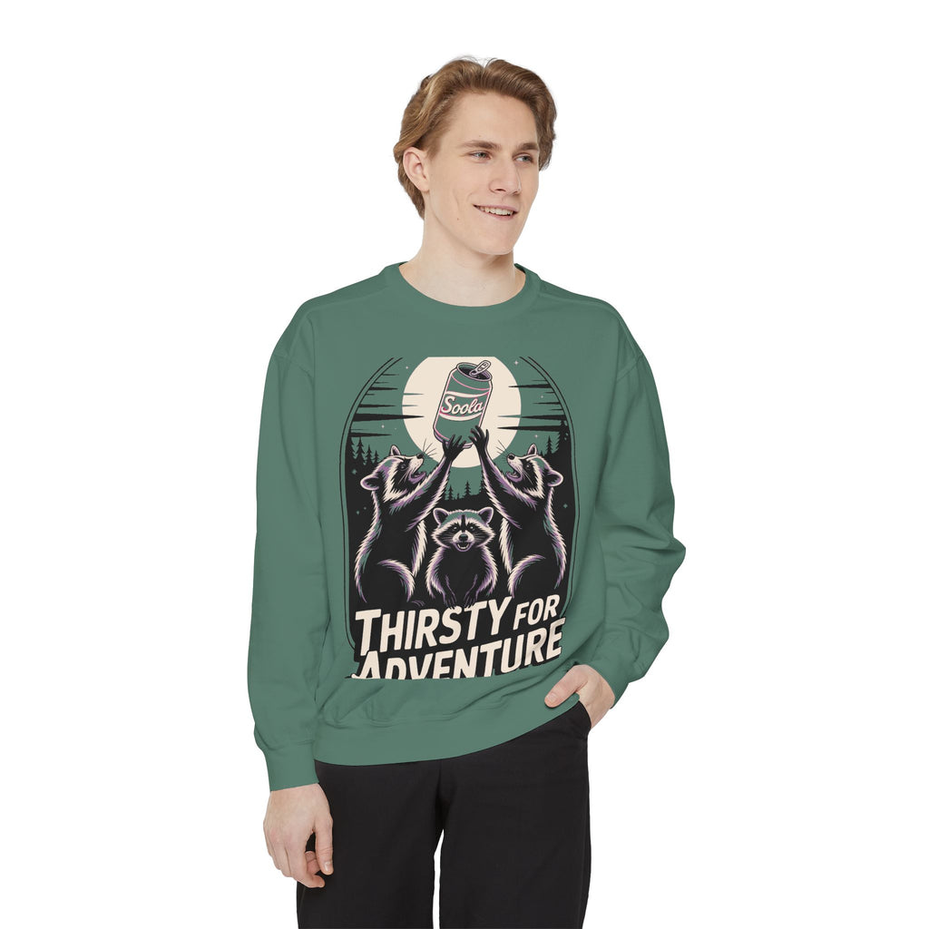 Thirsty For Adventure Raccoons Sweatshirt, Funny Vintage Poster Crewneck, Retro Raccoon Graphic Sweatshirt Gift