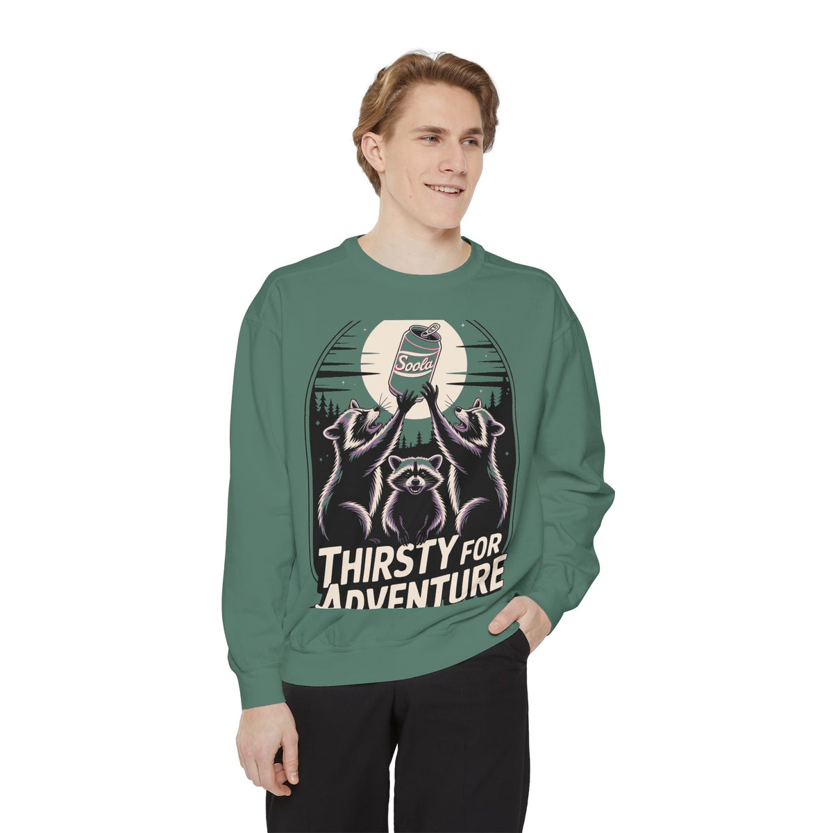 Thirsty For Adventure Raccoons Sweatshirt, Funny Vintage Poster Crewneck, Retro Raccoon Graphic Sweatshirt Gift