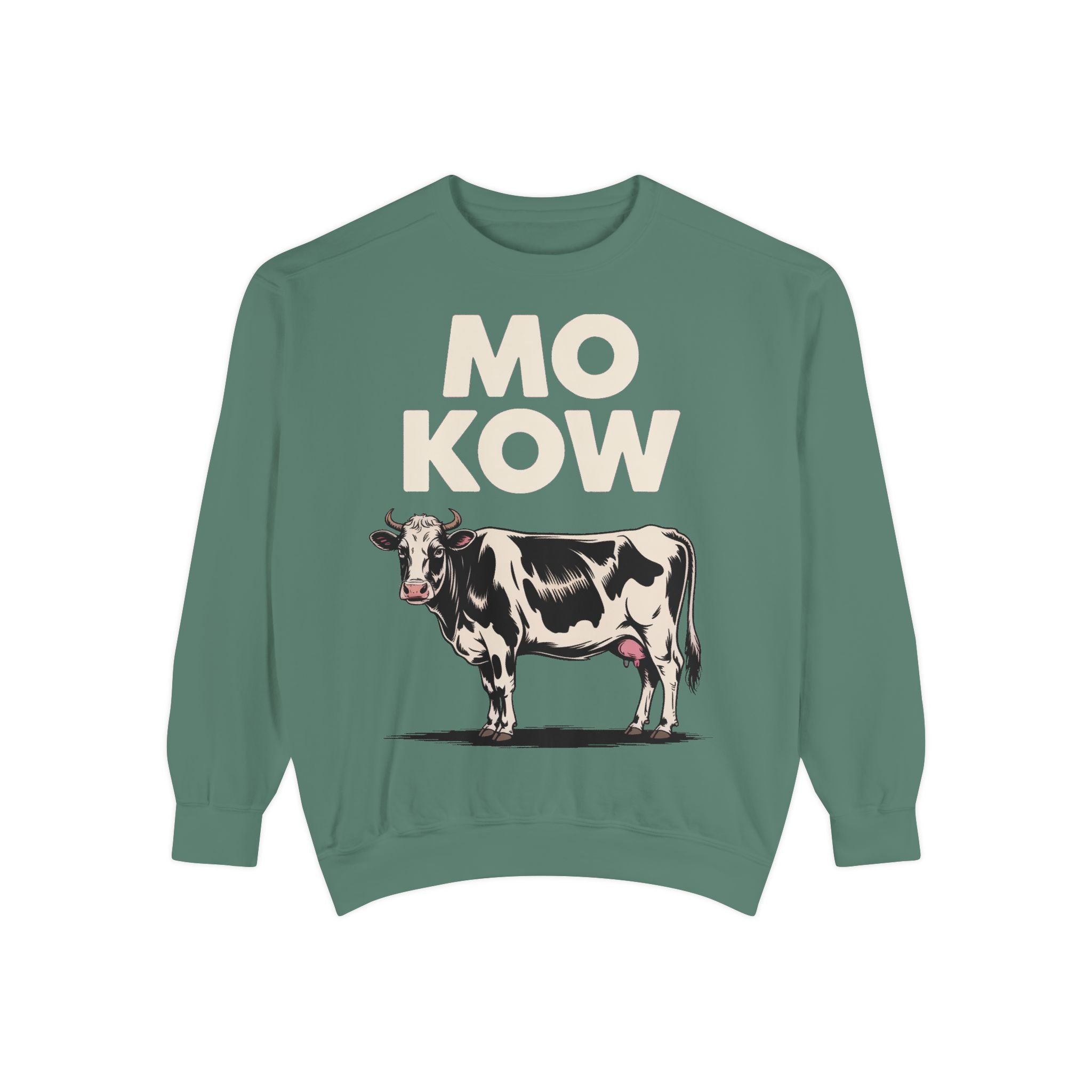 Mo Kow Funny Cow Sweatshirt, Absurd Meme Crewneck, Deadpan Farm Animal Embroidered Sweatshirt, Funny Cow Lover Gift