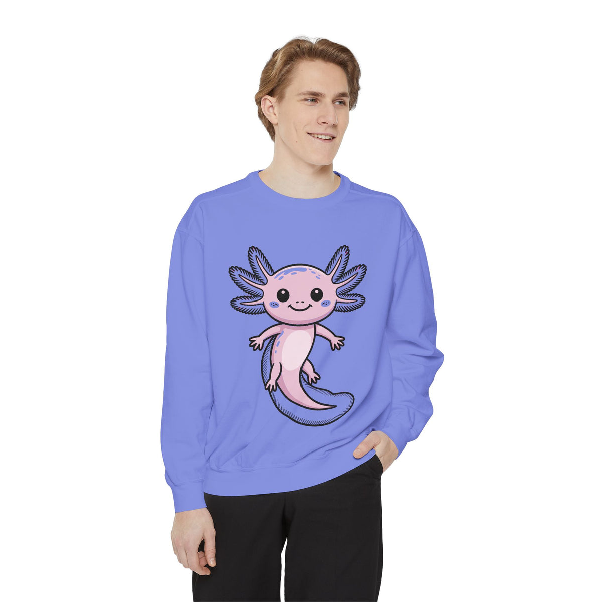 Cute Axolotl Sweatshirt, Smiling Axolotl Embroidered Crewneck, Kawaii Animal Lover Gift, Garment Dyed Pullover