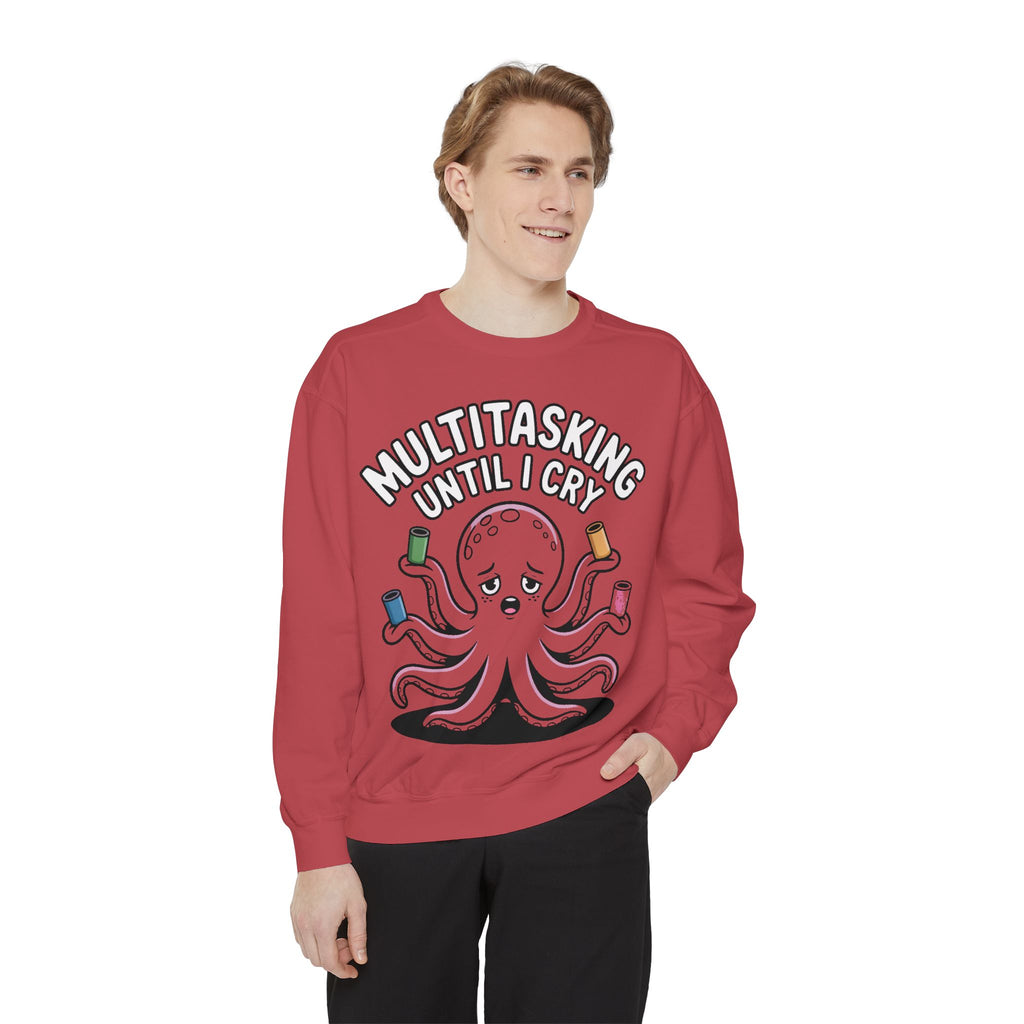 Multitasking Octopus Sweatshirt, Funny Stressed Octopus Crewneck, Embroidery-Patch Style Sweatshirt, Busy Mom Gift, Work Humor Pullover