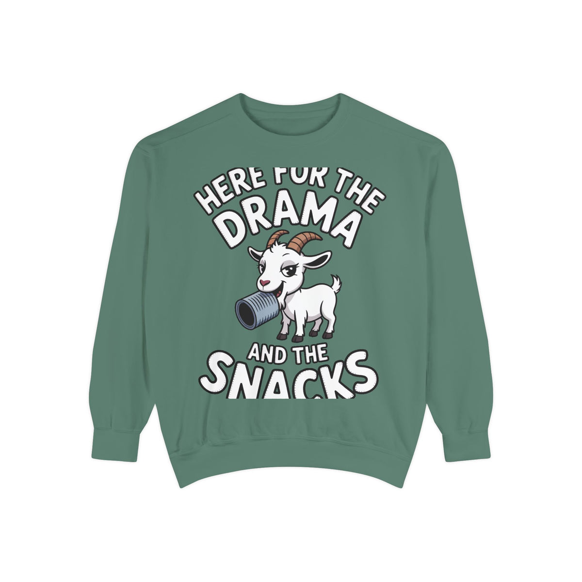 Funny Goat Sweatshirt, Here For The Drama And The Snacks Crewneck, Cute Goat Lover Gift, Embroidered Patch Style Sweatshirt