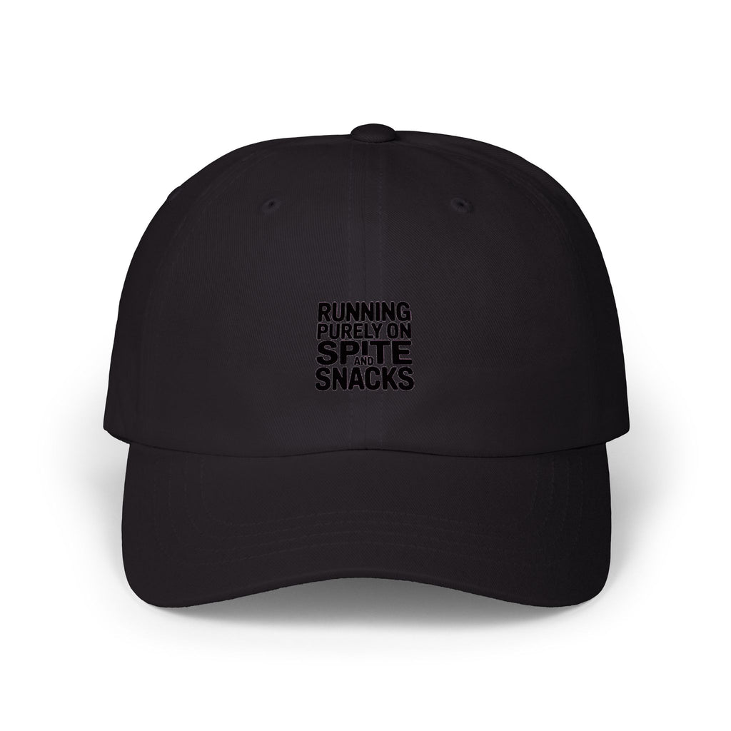 Running On Spite And Snacks Dad Hat, Funny Embroidered Cap, Sarcastic Quote Hat, Snarky Gift for Him or Her, Bold Text Baseball Cap