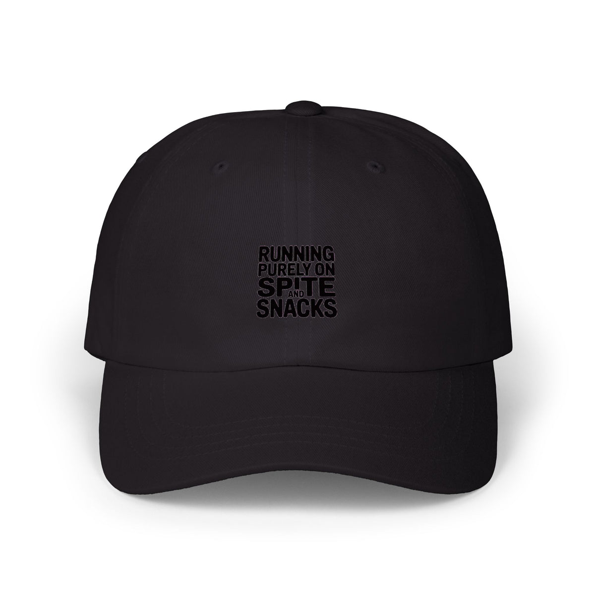 Running On Spite And Snacks Dad Hat, Funny Embroidered Cap, Sarcastic Quote Hat, Snarky Gift for Him or Her, Bold Text Baseball Cap