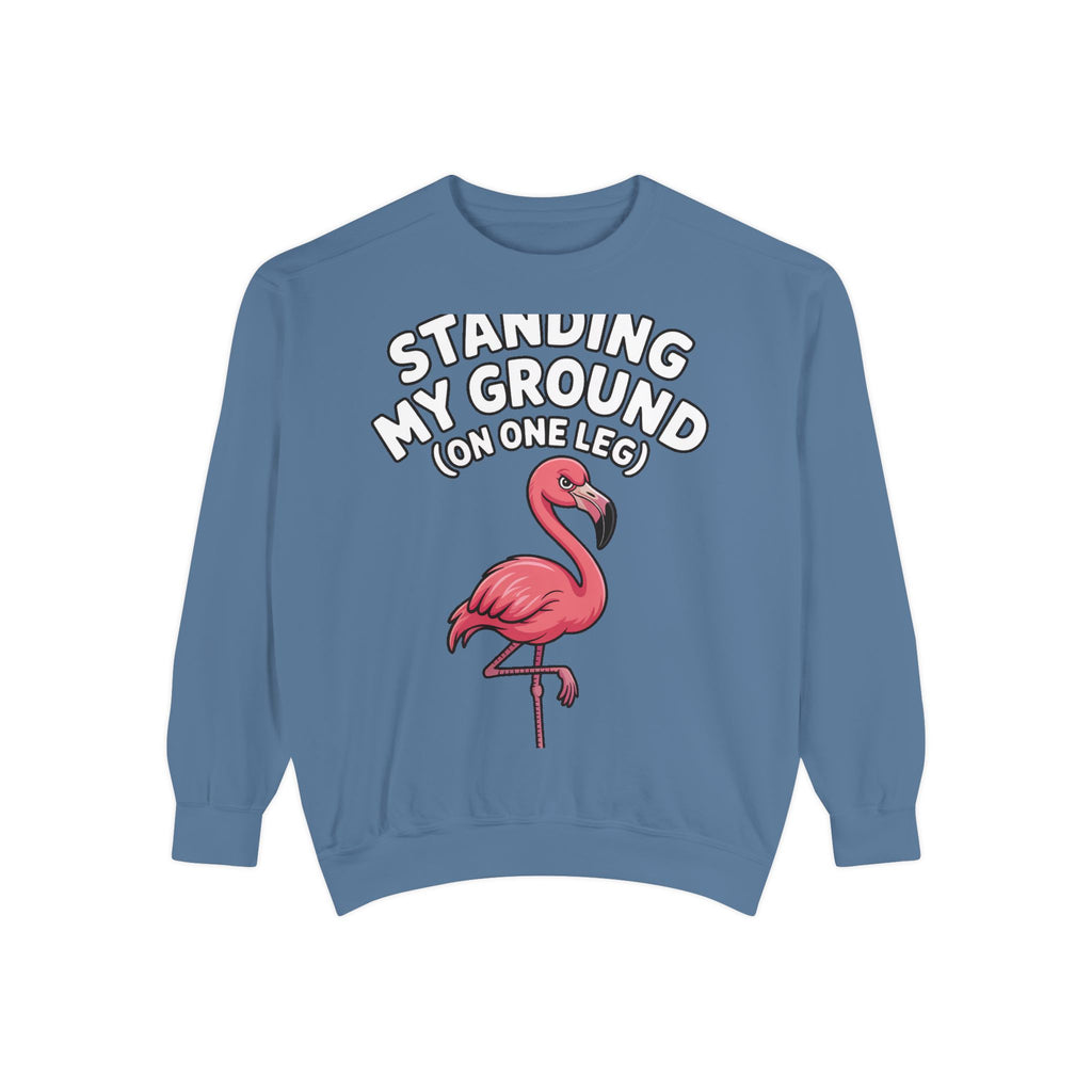 Standing My Ground Flamingo Sweatshirt, Funny One Leg Flamingo Crewneck, Sassy Bird Lover Gift, Embroidered Patch Style Sweatshirt
