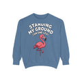 Standing My Ground Flamingo Sweatshirt, Funny One Leg Flamingo Crewneck, Sassy Bird Lover Gift, Embroidered Patch Style Sweatshirt