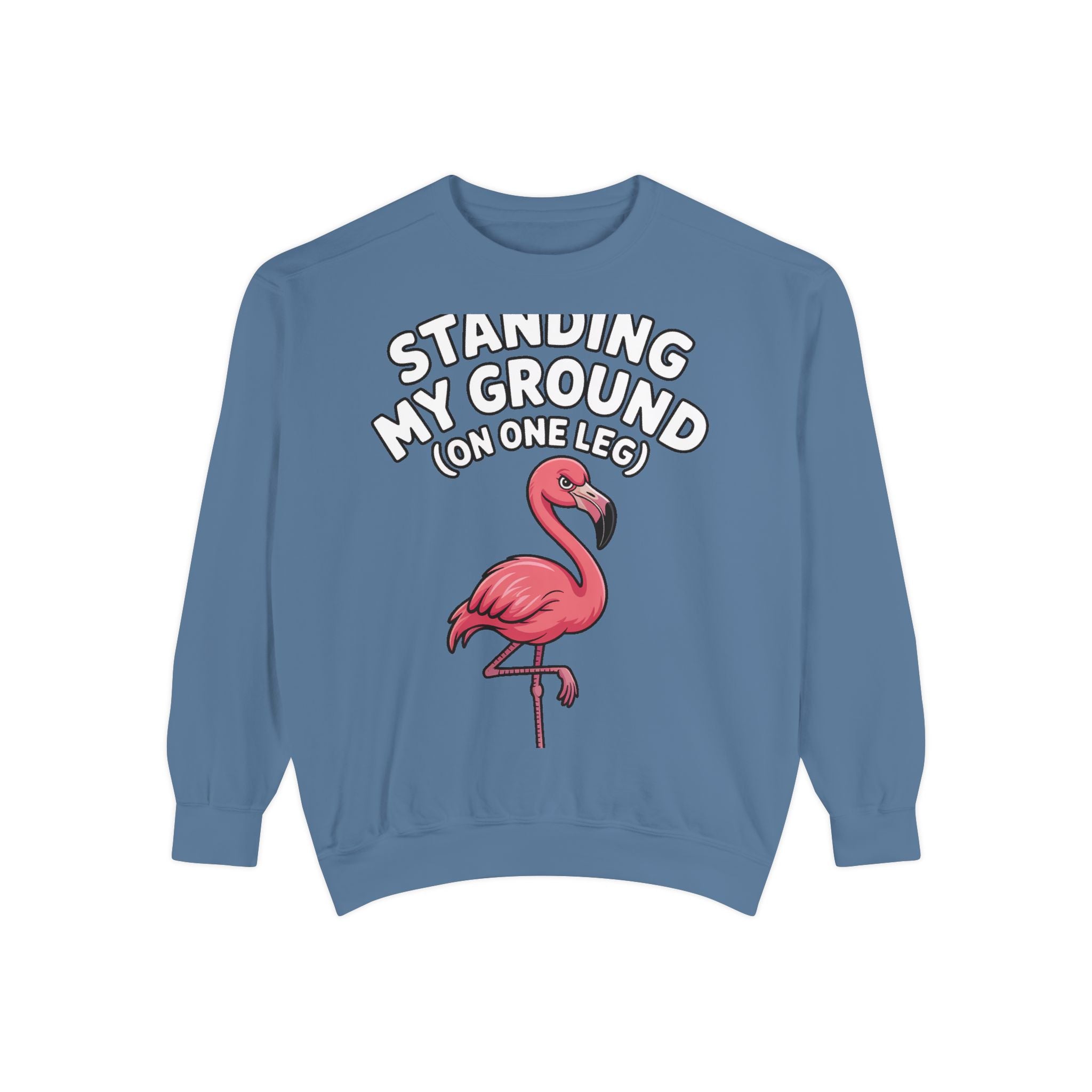 Standing My Ground Flamingo Sweatshirt, Funny One Leg Flamingo Crewneck, Sassy Bird Lover Gift, Embroidered Patch Style Sweatshirt
