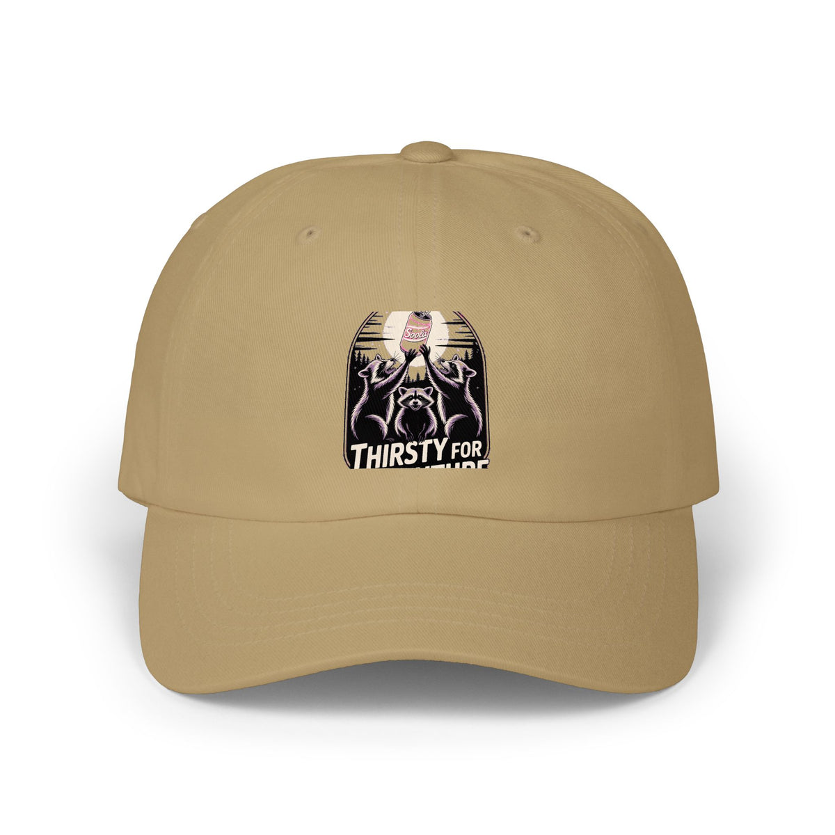 Thirsty For Adventure Raccoons Dad Cap, Funny Raccoon Hat, Vintage Poster Style Embroidered Cap, Camping Hiking Gift