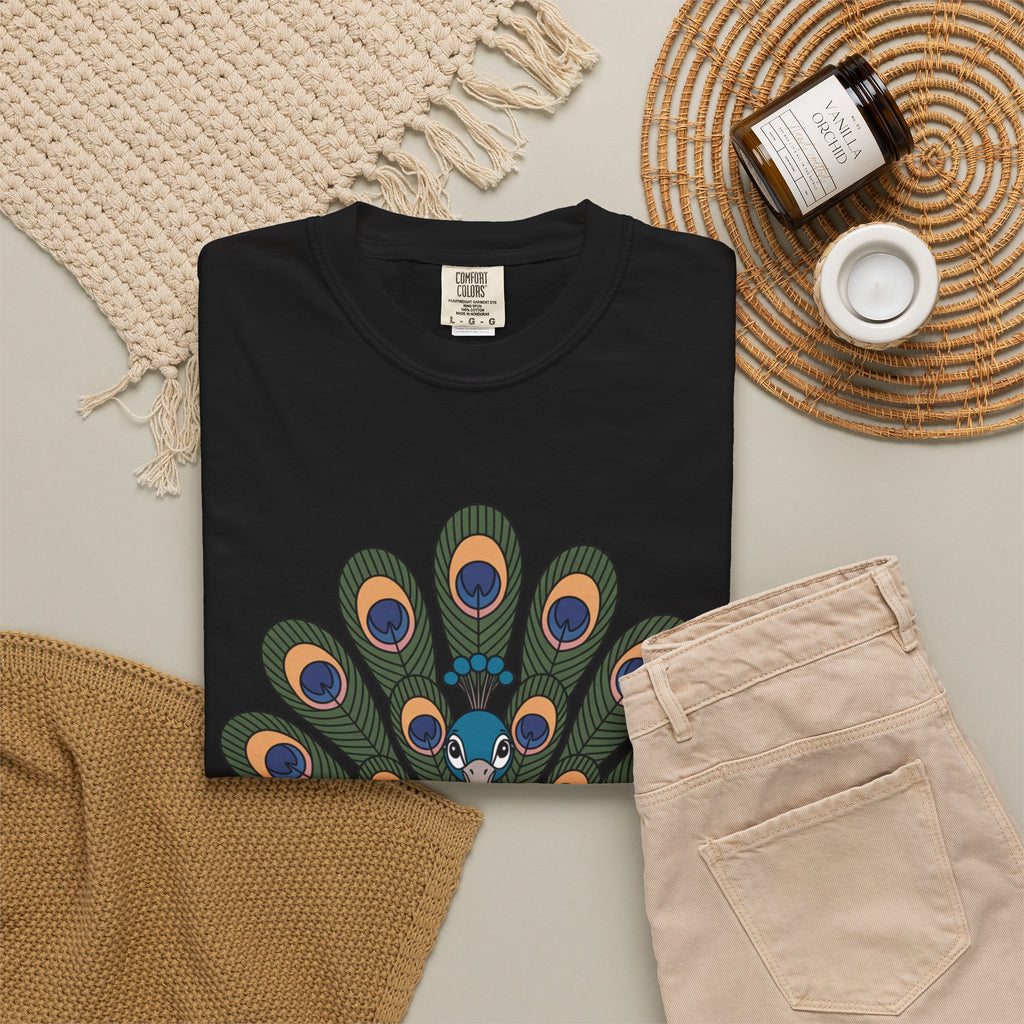 Cute Peacock T-Shirt, Fanned Feathers Bird Lover Gift Tee, Cartoon Peacock Graphic Shirt for Nature Lovers