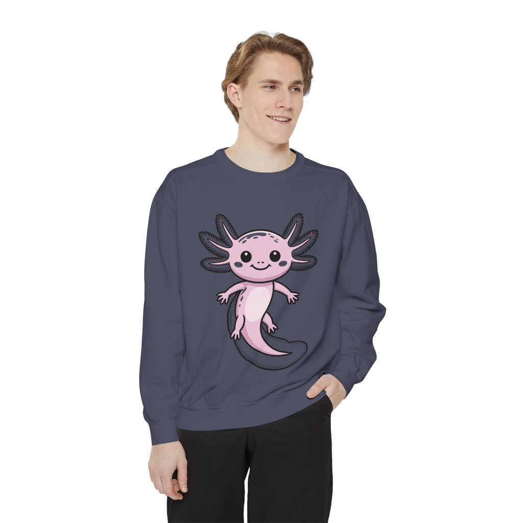 Cute Axolotl Sweatshirt, Smiling Axolotl Embroidered Crewneck, Kawaii Animal Lover Gift, Garment Dyed Pullover