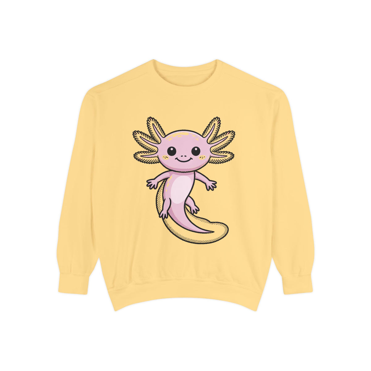 Cute Axolotl Sweatshirt, Smiling Axolotl Embroidered Crewneck, Kawaii Animal Lover Gift, Garment Dyed Pullover