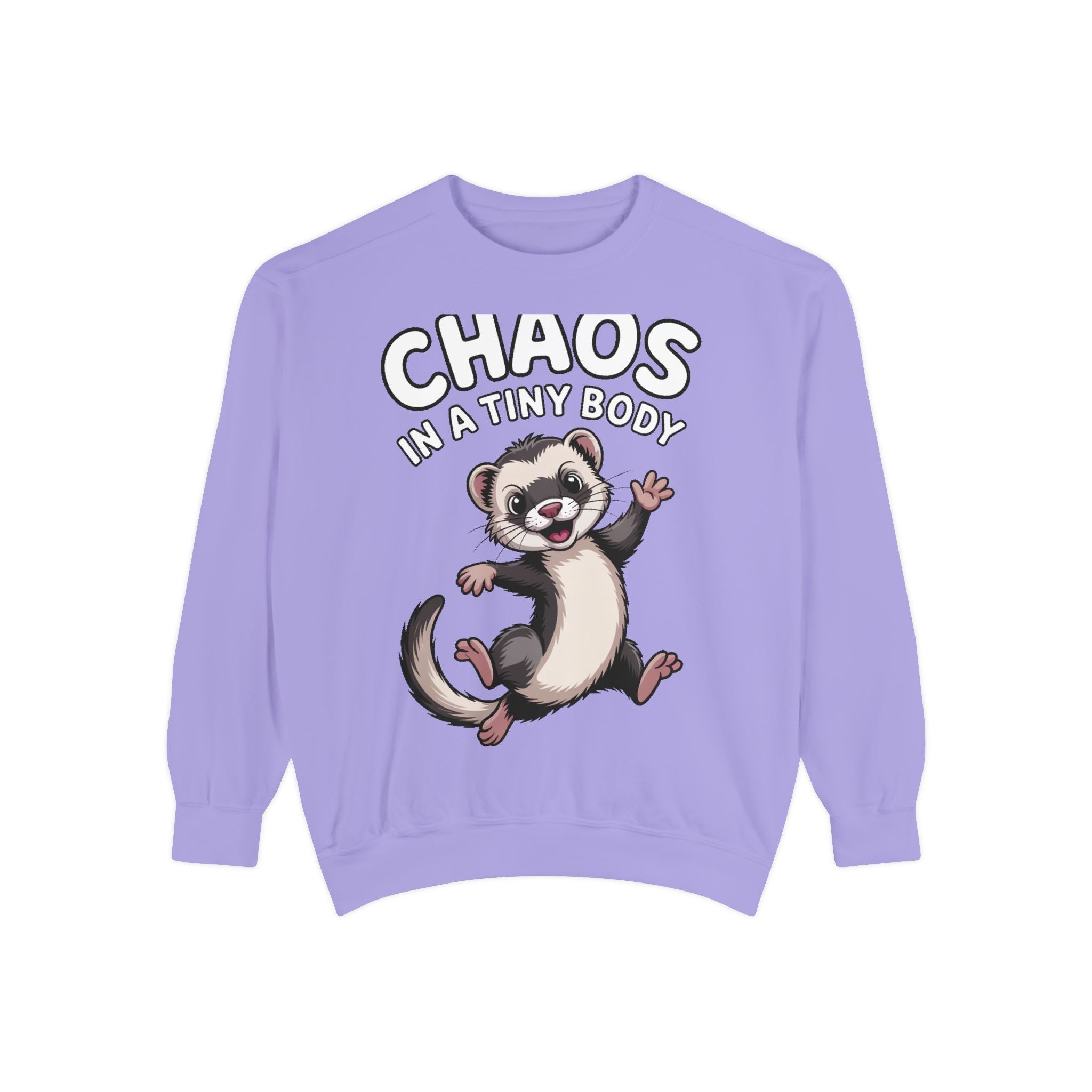 Funny Ferret Sweatshirt, Chaos In A Tiny Body Crewneck, Cute Ferret Lover Gift, Embroidered Style Ferret Sweatshirt For Pet Owners
