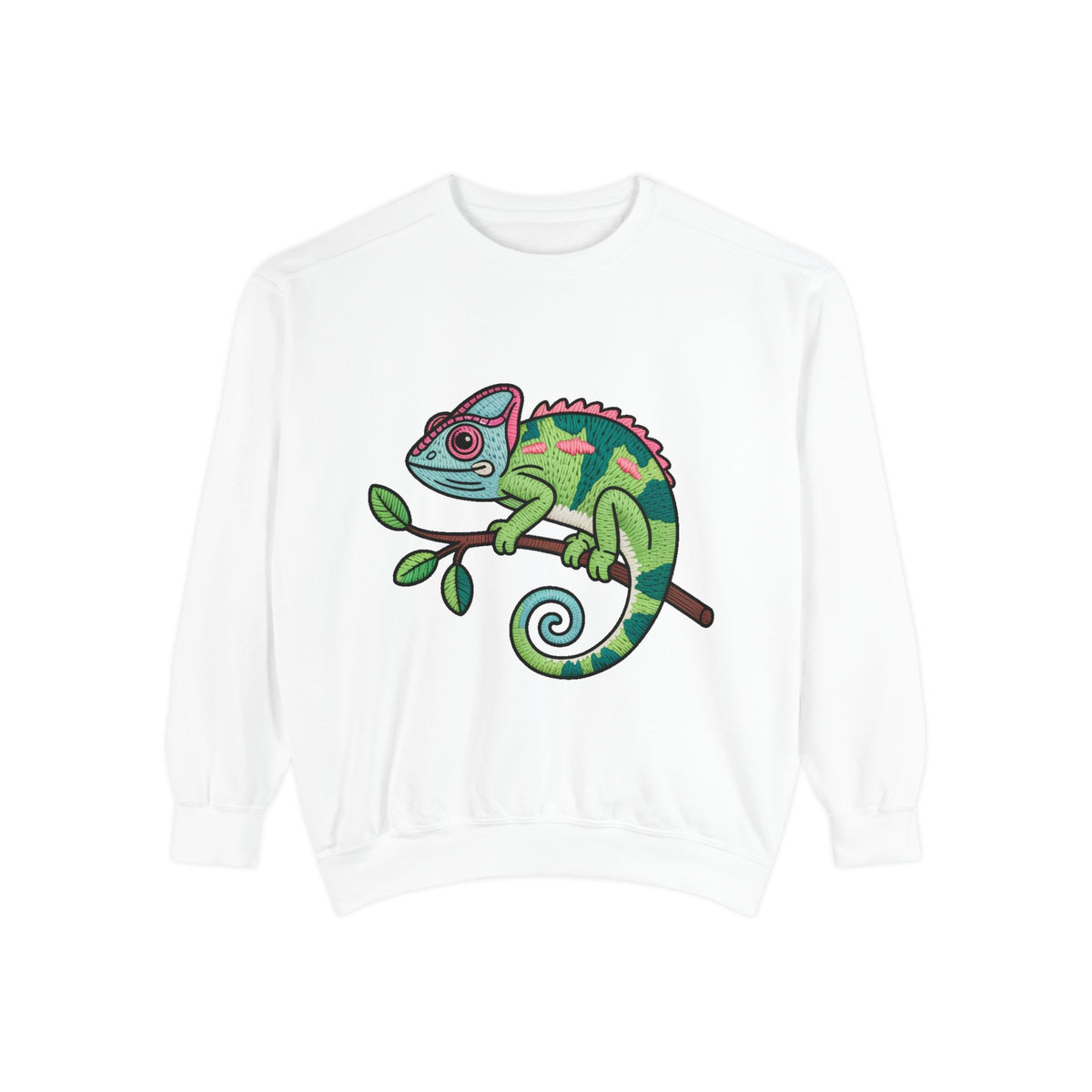 Chameleon Sweatshirt, Cute Embroidered Patch Style Crewneck, Reptile Lover Gift, Garment Dyed Sweatshirt for Nature Lovers