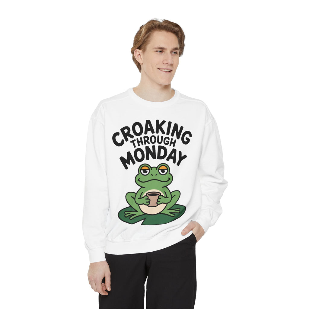Croaking Through Monday Sweatshirt, Funny Tired Frog Crewneck, Cute Coffee Frog Sweatshirt, Frog Lover Gift